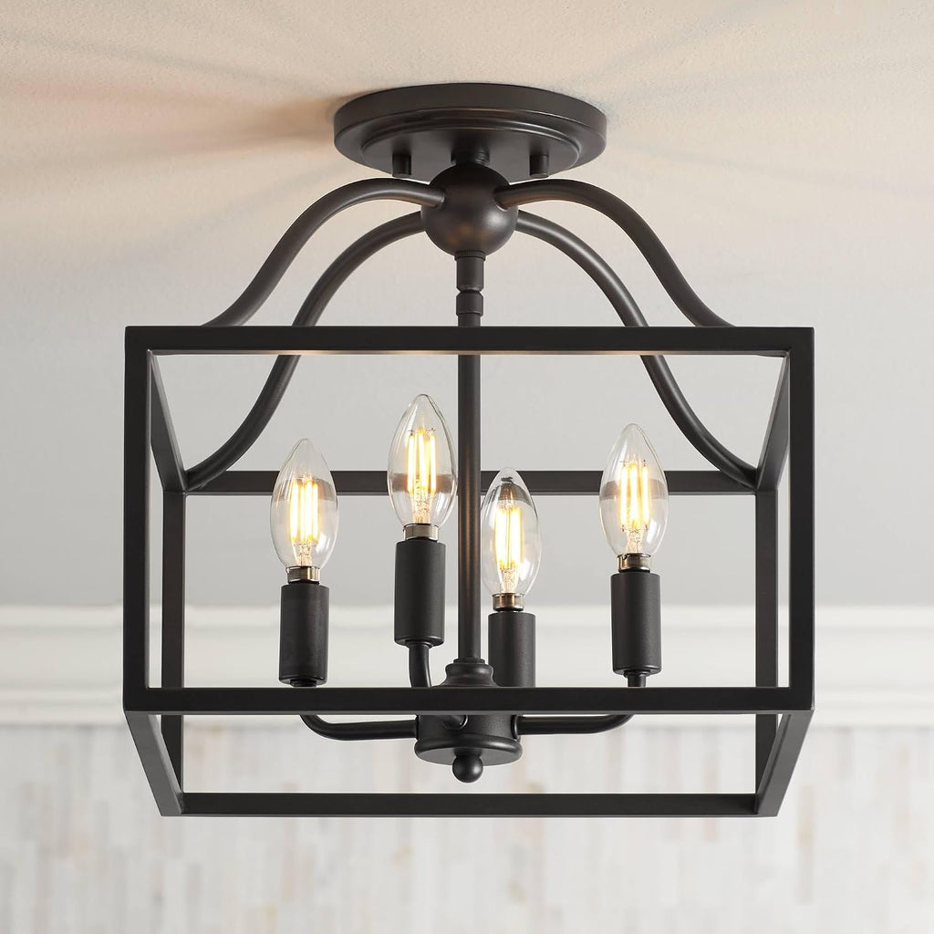 Franklin Iron Works Elle Farmhouse Rustic Close to Ceiling Light Semi-Flush Mount Fixture Black 13' Wide 4-Light Open Square Cage for House Bedroom Hallway Living Room Bathroom Dining Kitchen
