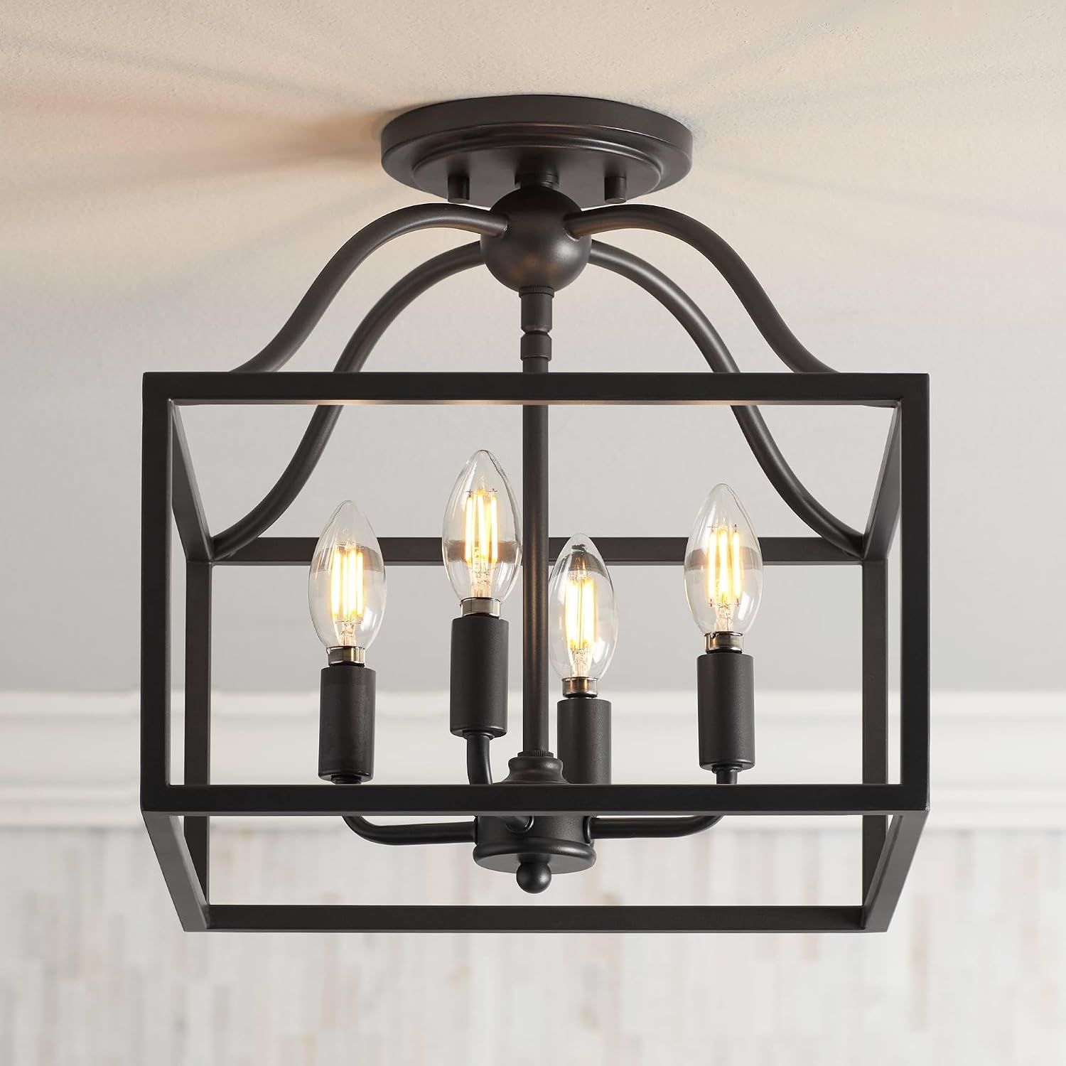Franklin Iron Works Elle Farmhouse Rustic Close to Ceiling Light Semi-Flush Mount Fixture Black 13' Wide 4-Light Open Square Cage for House Bedroom Hallway Living Room Bathroom Dining Kitchen