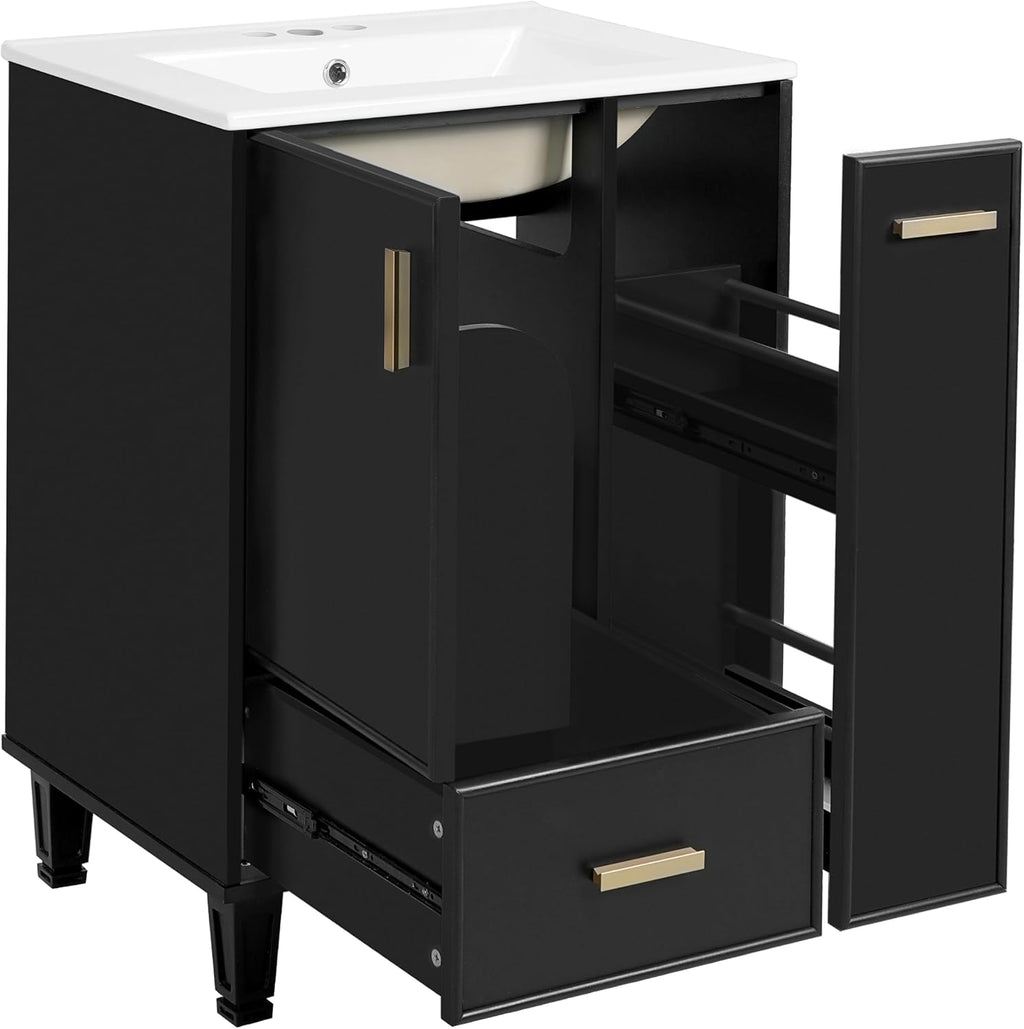 24-inch Bathroom Vanity with Sink Combo, Free-Standing Single Storage Cabinet with Door Shelf, 2-Tier Pull-Out Basket, and Deep Drawer, Wood Vanity with Ceramic Basin for Bathroom (Black)