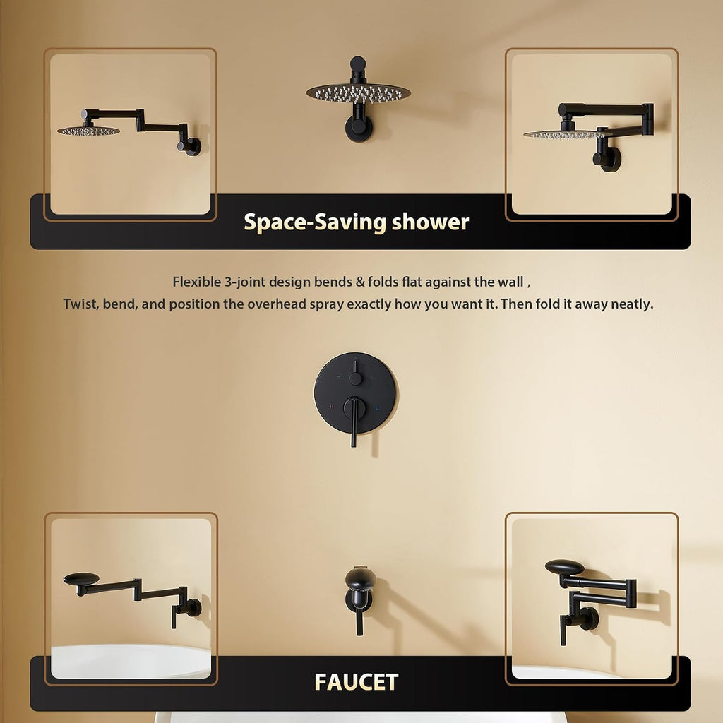 Black Tub Shower Faucet Set with Shower Valve and trim kit, Shower Head and Handle Set with 1080° Rotating shower Arm 8 Inch showerhead, 1080° Rotating Bathtub Spout with 4 Modes Tub Spout