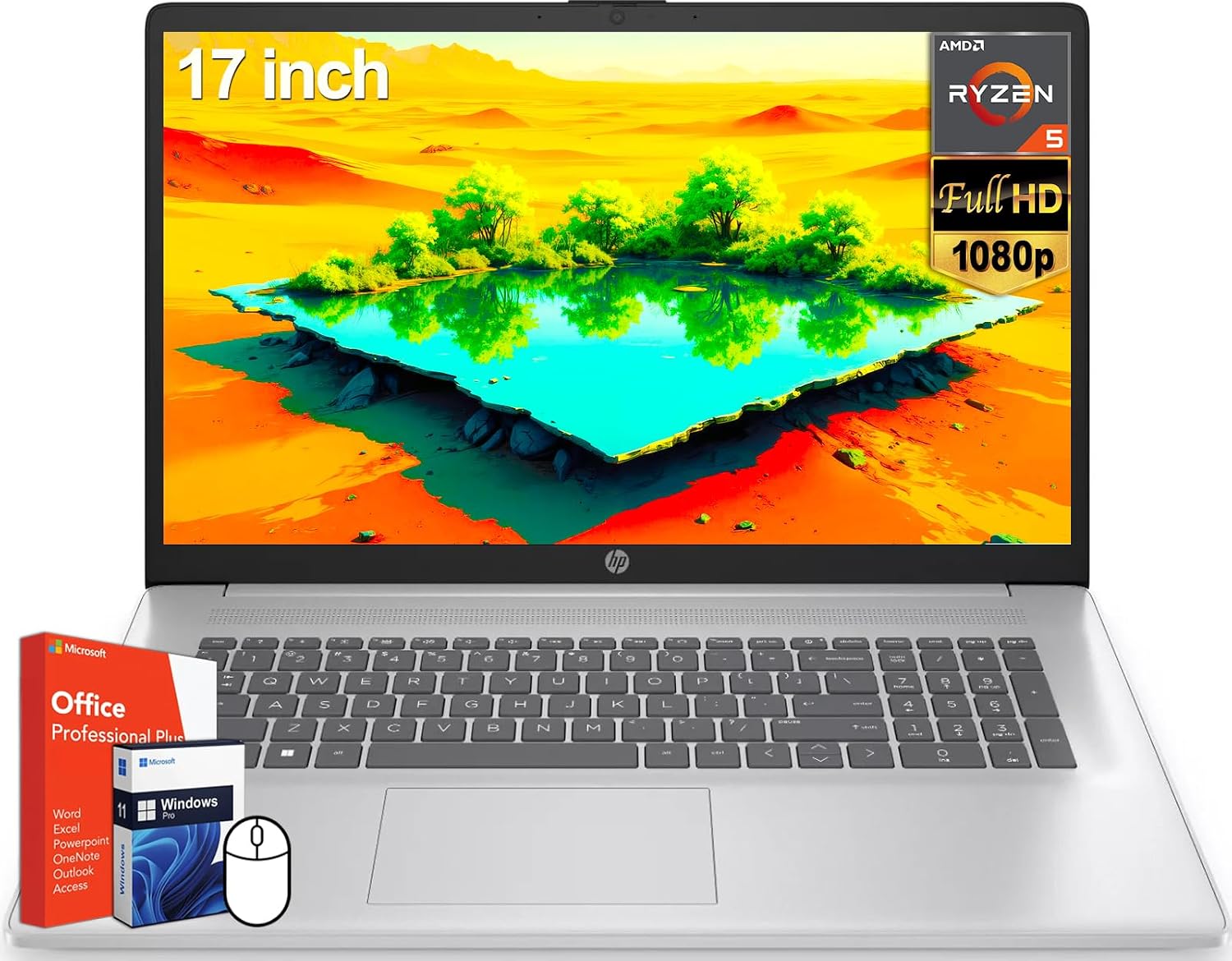 HP 17 inch Laptop, Microsoft Office 2024 Lifetime License & Windows 11 Pro, AMD Ryzen 5 7430U, 32 GB RAM, 1 TB SSD, 17.3' FHD Display, AMD Radeon Graphics, Long Battery Life, Anti-Glare,Wi-Fi 6
