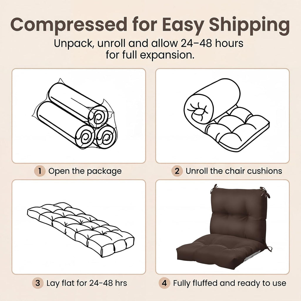 Geetery Outdoor Chair Cushions Set of 4 High Back Patio Furniture Replacement Seat Pads with Ties 42x21x4' for Lawn Porch Wicker Rocking Dining Chairs Weather Resistant Fade Resistant(Dark Brown)