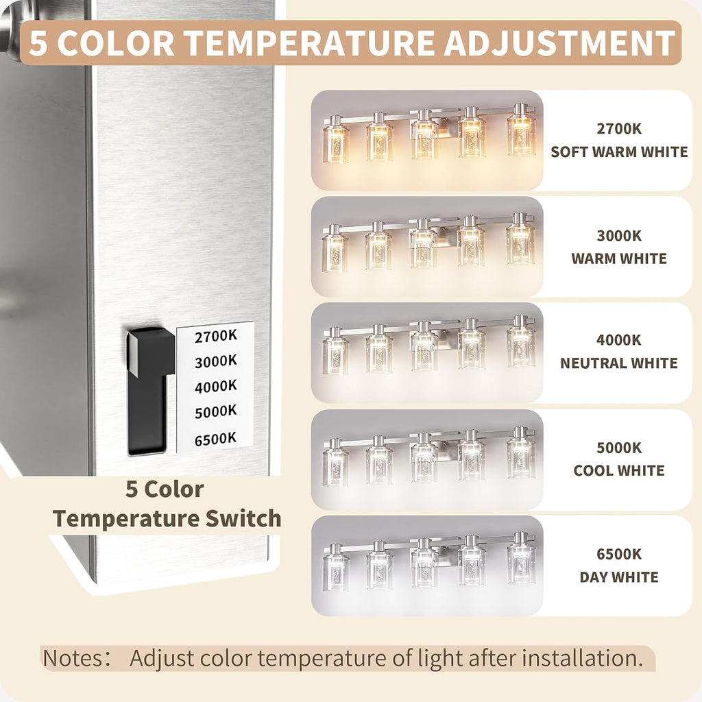 Quntis Brush Nickle Bathroom Lighting Fixtures with 5 Color Mode, 5-Light Dimmable Modern Bathroom Vanity Light Over Mirror, 35 Watt Eye Protection LED Wall Lamp 33 Inch (UL Certified, Bulbs Included)