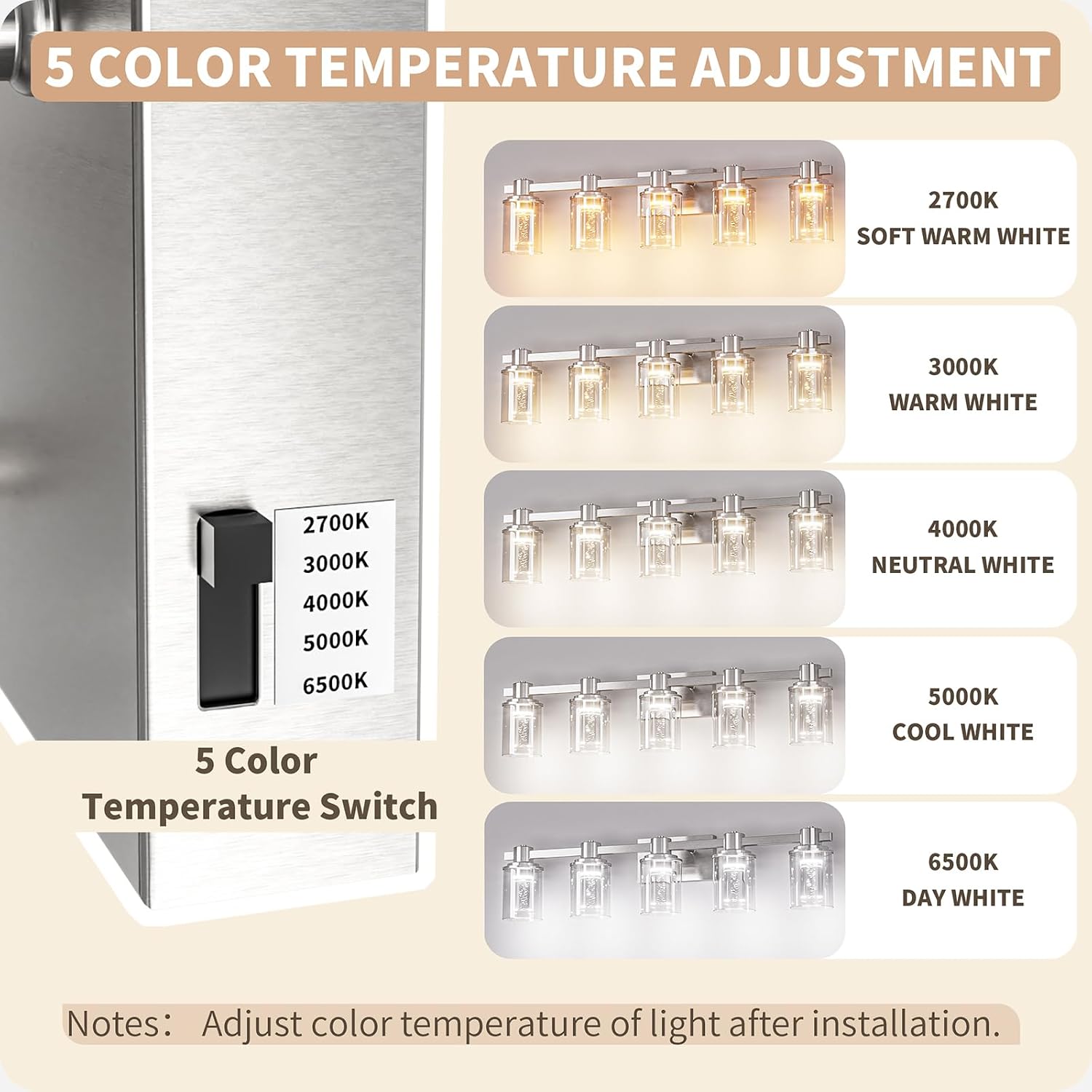 Quntis Brush Nickle Bathroom Lighting Fixtures with 5 Color Mode, 5-Light Dimmable Modern Bathroom Vanity Light Over Mirror, 35 Watt Eye Protection LED Wall Lamp 33 Inch (UL Certified, Bulbs Included)