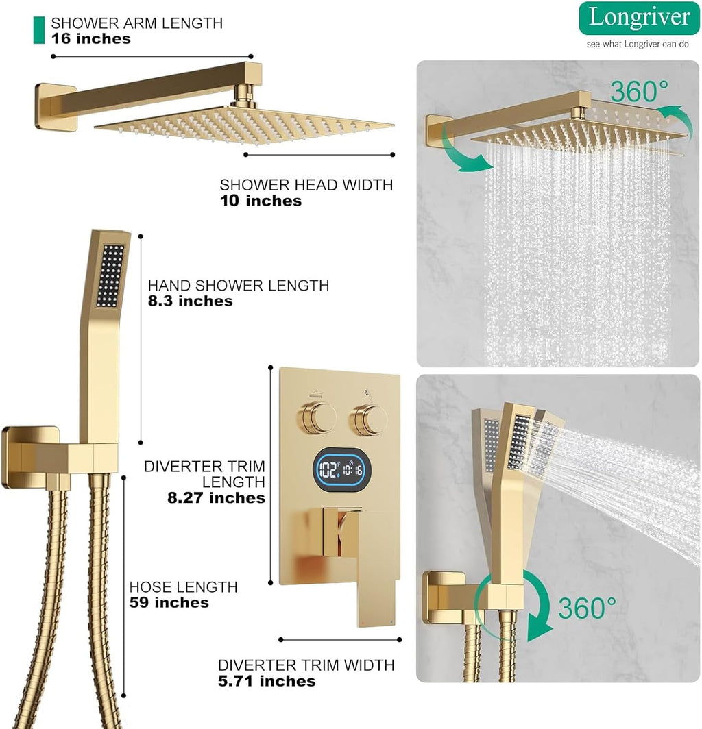 Push Button Diverter Shower Faucet Set Hydro Power Temperature Display, Shower System 10 Inch Shower Head with Handheld Spray, Wall Mounted Shower Fixtures with Valve and Trim Kit, Brushed Gold