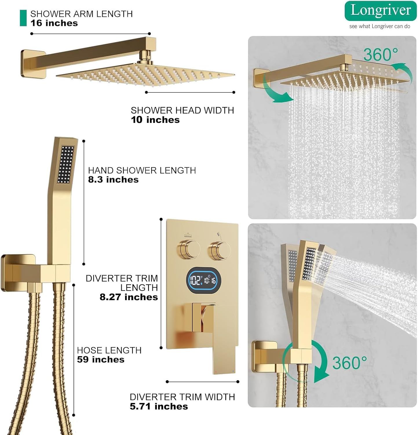 Push Button Diverter Shower Faucet Set Hydro Power Temperature Display, Shower System 10 Inch Shower Head with Handheld Spray, Wall Mounted Shower Fixtures with Valve and Trim Kit, Brushed Gold