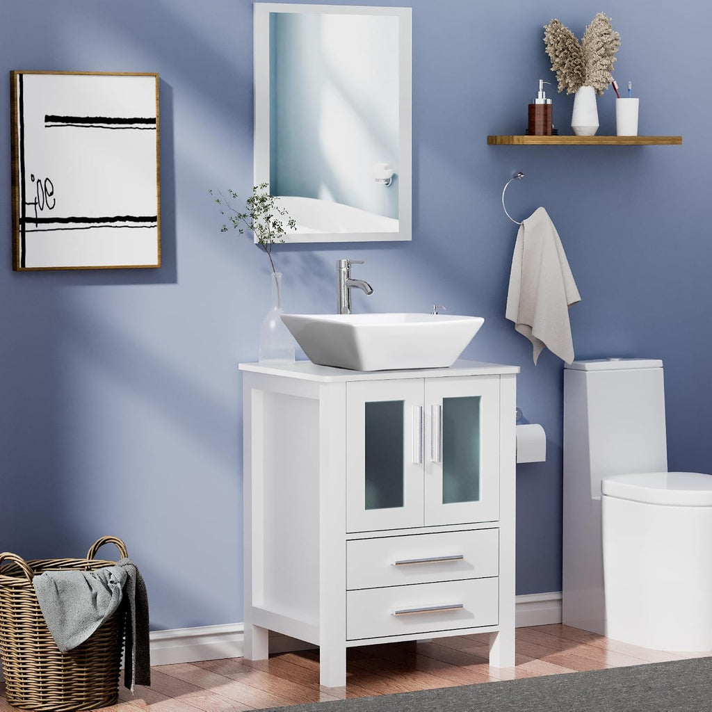 UEV 24' White Bathroom Vanity with Ceramic Vessel Sink, Modern Bathroom Vanity Cabinet, Pop Up Drain and 30% Water-Saving Design, Faucet, Soft Closing Drawers/Doors, Mirror Not Included(A07)