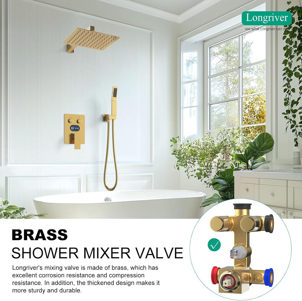 Push Button Diverter Shower Faucet Set Hydro Power Temperature Display, Shower System 10 Inch Shower Head with Handheld Spray, Wall Mounted Shower Fixtures with Valve and Trim Kit, Brushed Gold