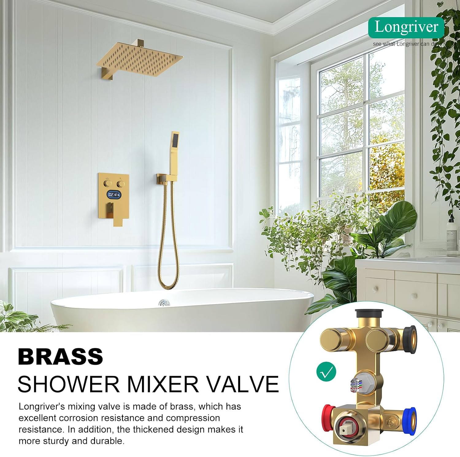 Push Button Diverter Shower Faucet Set Hydro Power Temperature Display, Shower System 10 Inch Shower Head with Handheld Spray, Wall Mounted Shower Fixtures with Valve and Trim Kit, Brushed Gold