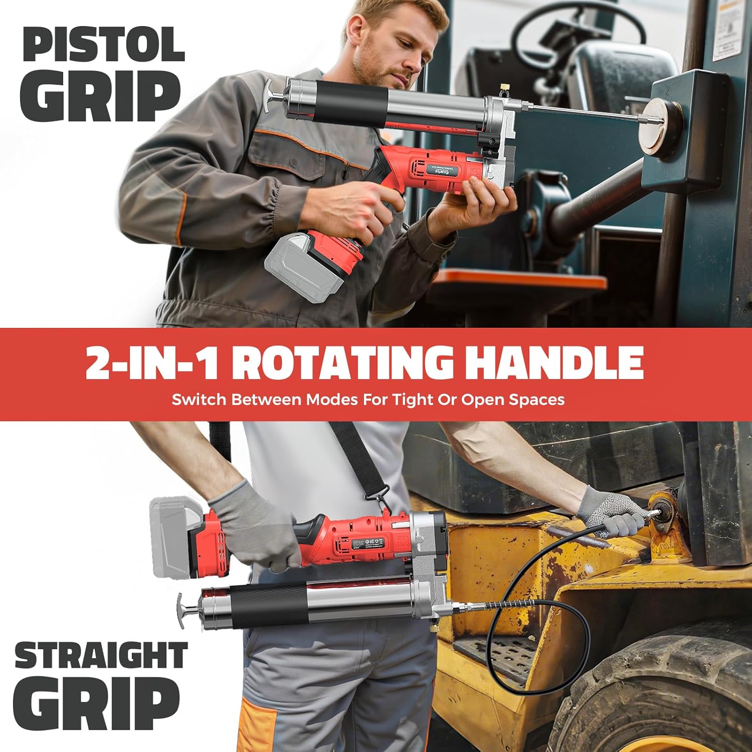 Ecarke Cordless Grease Gun Compatible with Milwaukee 18V Battery, 12000PSI Max Electric Grease Gun, Dual Pistol & in-Line Grip, Works with Bulk & Cartridge Grease, 39' Hose & 4 Couplers (Tool Only)