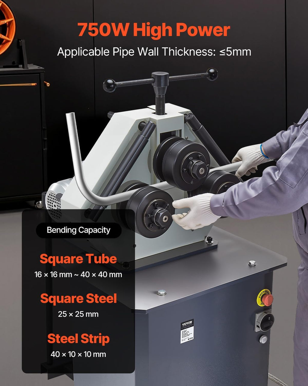 VEVOR 750W Electric Roll Bending Machine, 3-Roller Electric Pipe Bender Machine with Reversible Foot Switch, Support Horizontal/Vertical Operation (220V 60Hz 3-Phase, No Plug)