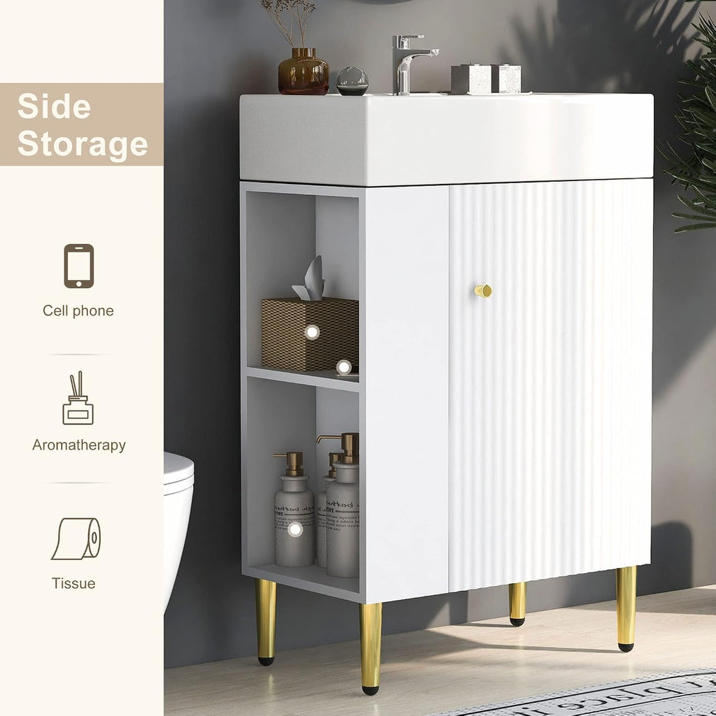 21.6-Inch Bathroom Vanity with Sink, Free Standing Vanity Cabinet with Storage Cabinet & Left Two-Tier Shelf, Solid Wood Bath Organizer with Ceramic Sink for Bathroom, White