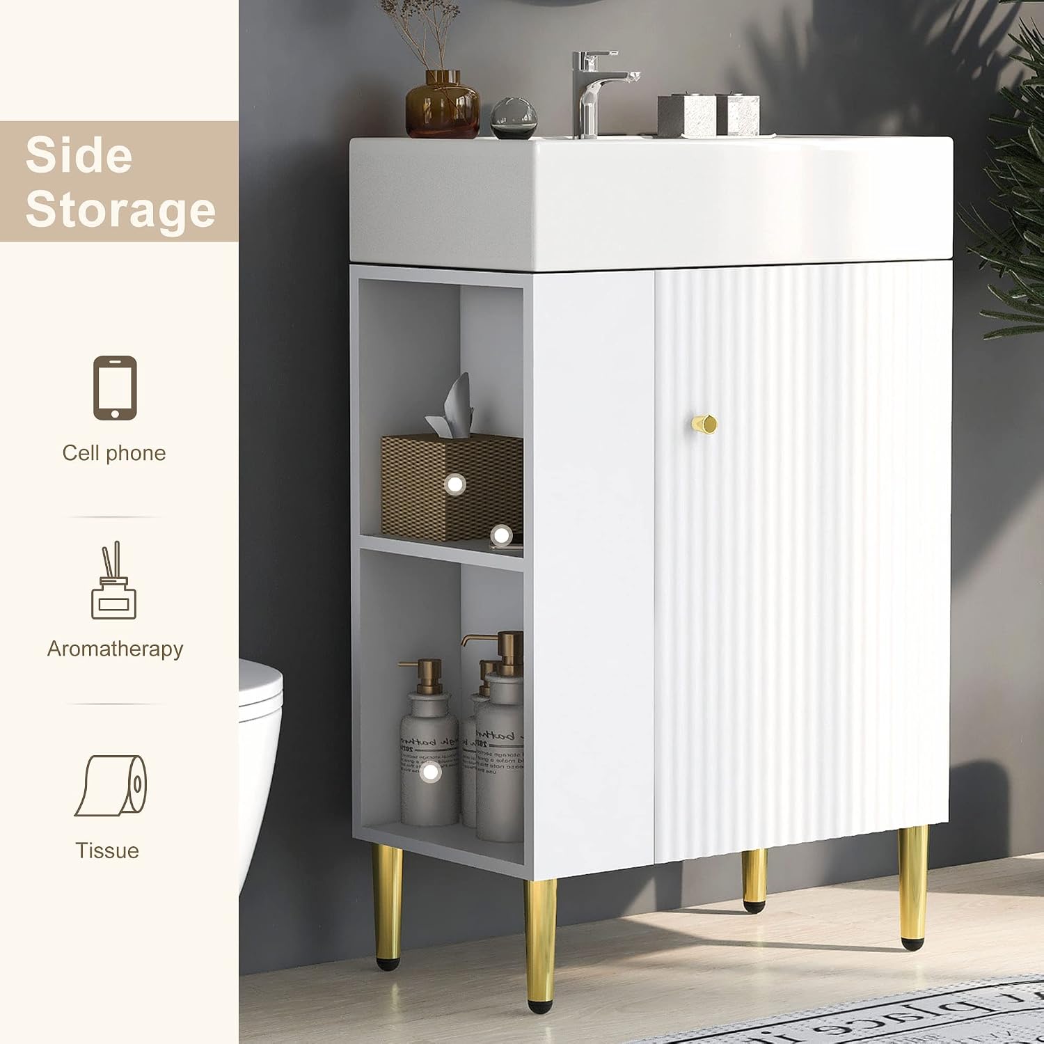 21.6-Inch Bathroom Vanity with Sink, Free Standing Vanity Cabinet with Storage Cabinet & Left Two-Tier Shelf, Solid Wood Bath Organizer with Ceramic Sink for Bathroom, White