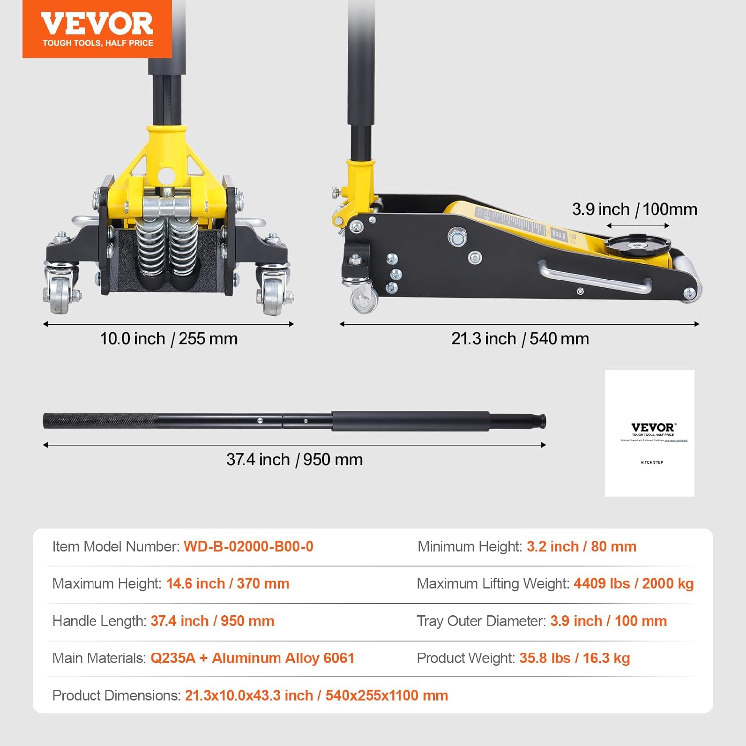 VEVOR Low Profile Floor Jack 2 Ton (4400 lbs), Heavy Duty Aluminum Hydraulic Racing Floor Jack, Hydraulic Car Jack, Dual Piston Quick Lift Pump, 3.2'-14.6' Height Lifting Range (Yellow)