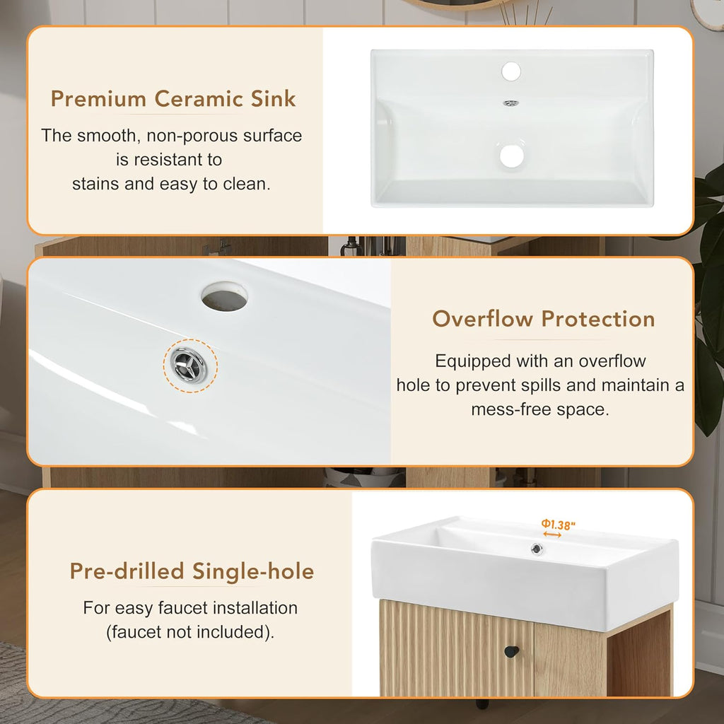 21.6-inch Bathroom Vanity with Sink Combo, Wall-Mounted Single Storage Cabinet with One Cabinet & Right 2-Tier Shelves, Wooden Vanity with Ceramic Basin for Bathroom, Wood