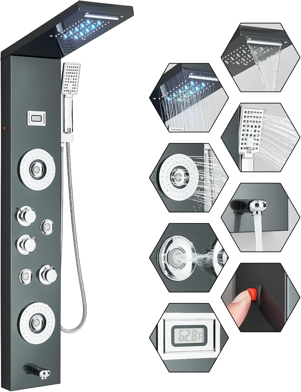 FUZ Shower Panel Tower System, Stainless Steel 6 Functions Shower Panel System with LED Fancy Rain Shower Head and Handheld, Adujstable Rain Massage Body Jets and Tub Spout, Matte Black Shower Tower