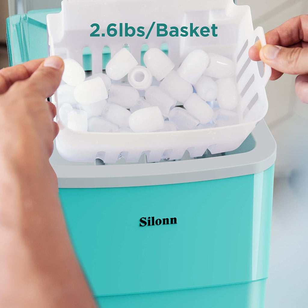 Silonn Ice Makers Countertop, 9 Cubes Ready in 6 Mins, 26lbs in 24Hrs, Self-Cleaning Ice Machine with Ice Scoop and Basket, 2 Sizes of Bullet Ice for Home Kitchen Office Bar Party, Green