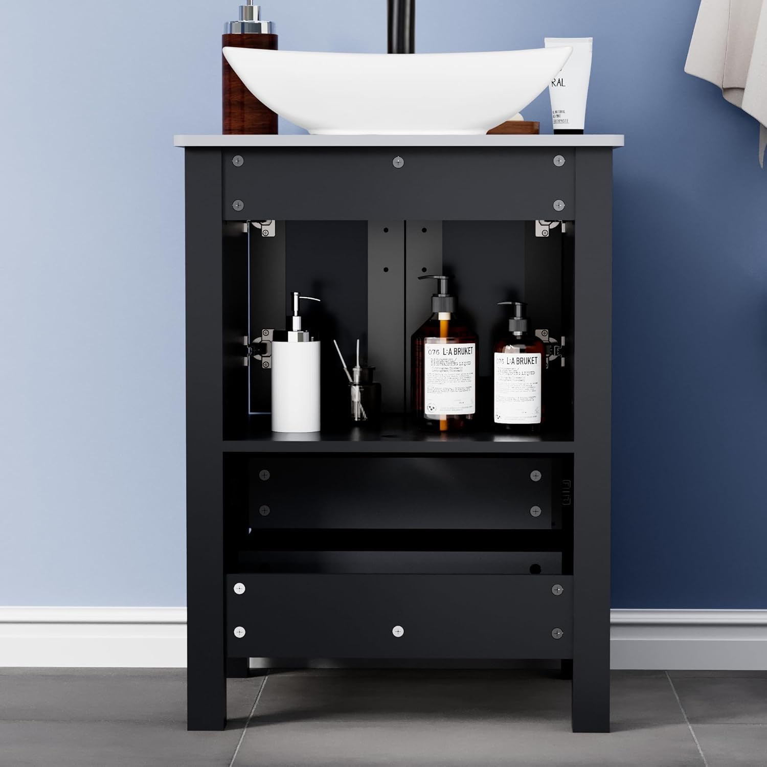 UEV 24' Black Bathroom Vanity with Vessel Sink,Modern Bathroom Vanity Cabinet,Modern Artistic Ceramic Vessel Sink Combo,Faucet Sink Bowl,Pop Up Drain Included,Mirror Not Included(032WHNew)