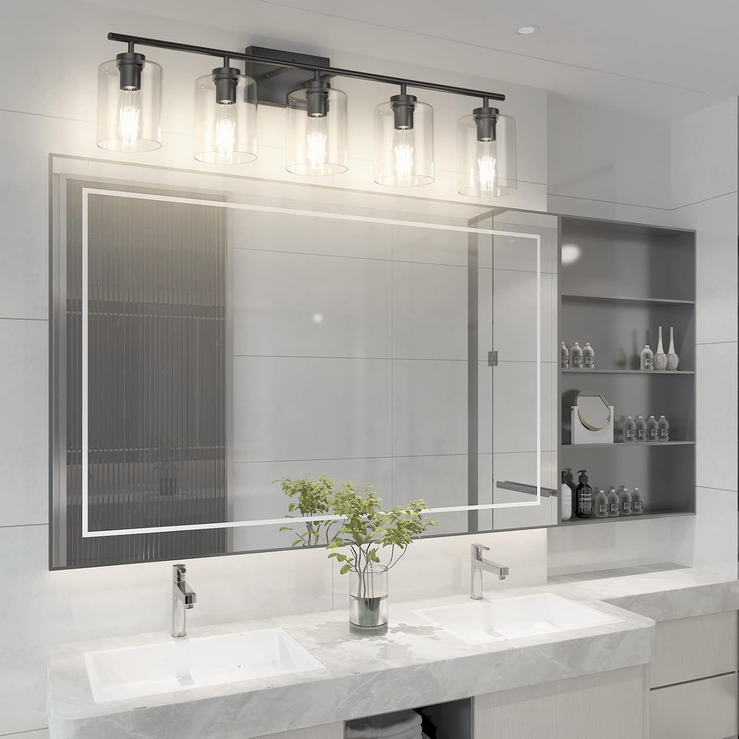 Aipsun 5 Lights Black Vanity Lights Fixtures Over Mirror with Clear Glass Shades Industrial Wall Light Fixture for Bathroom(Exclude Bulb)