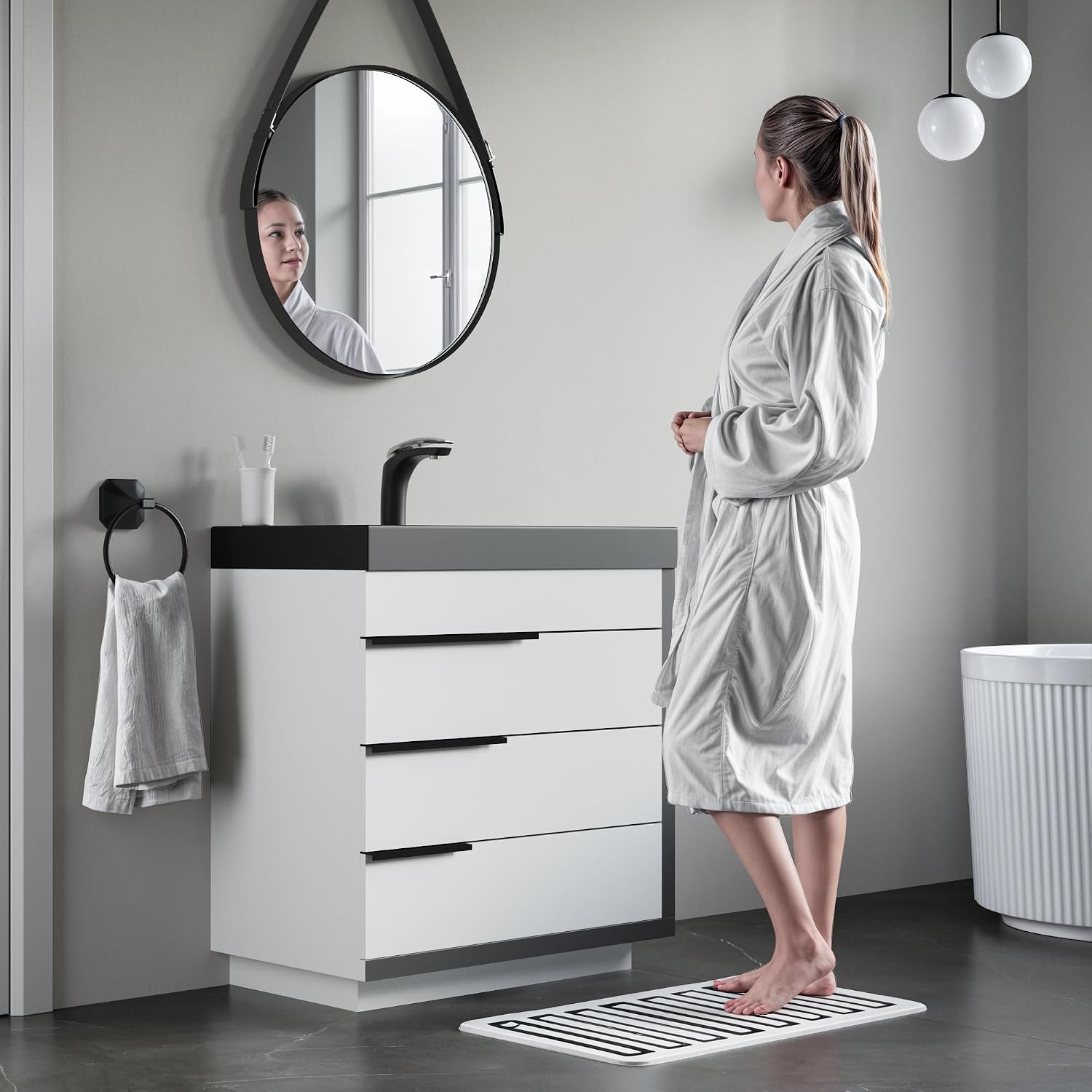 Dowell 24'Single Bathroom Vanity Set- Freestanding Glossy White Vanity with Black Accents,Matte Black Resin Basin,Three Soft-Close Drawers-024 24 21V/2418BPBL