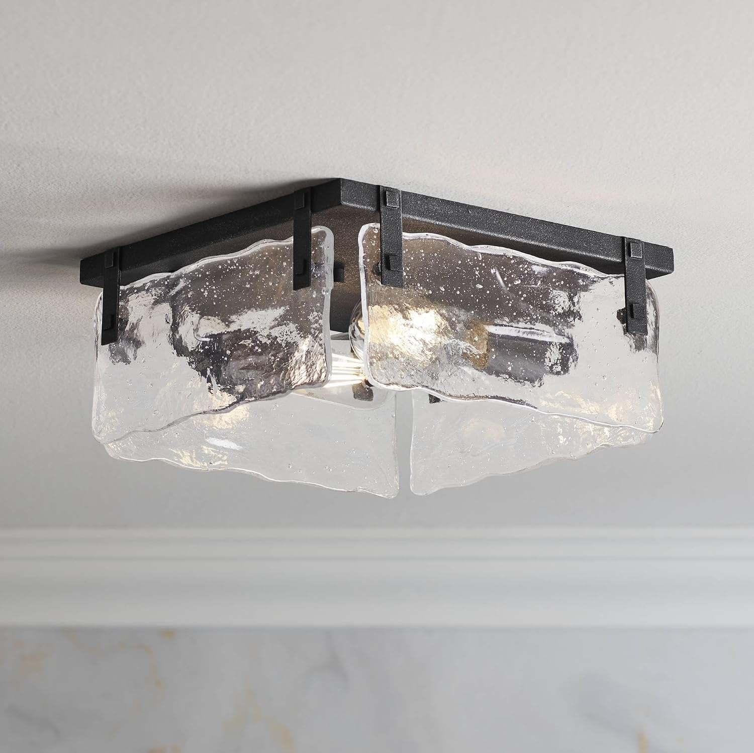 360 Lighting Cassington Rustic Farmhouse Ceiling Light Flush-Mount Fixture 11 3/4' Wide Washed Black Hand Blown Glass Panels for Bedroom Kitchen Living Room Hallway Dining Bathroom House