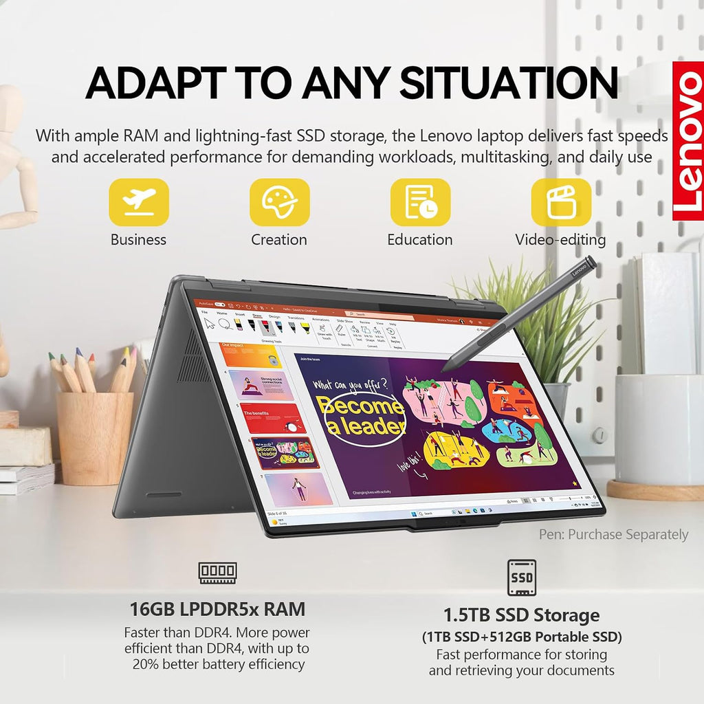 Lenovo 2025 Yoga 7 2 in 1 Laptop Touchscreen, 16' FHD+ 360 Foldable Touch Screen Convertible, Intel 12-Core Ultra 7, Windows 11 Pro|Backlit 10-Key|FP|16GB DDR5 RAM 1TB SSD+512GB PSSD