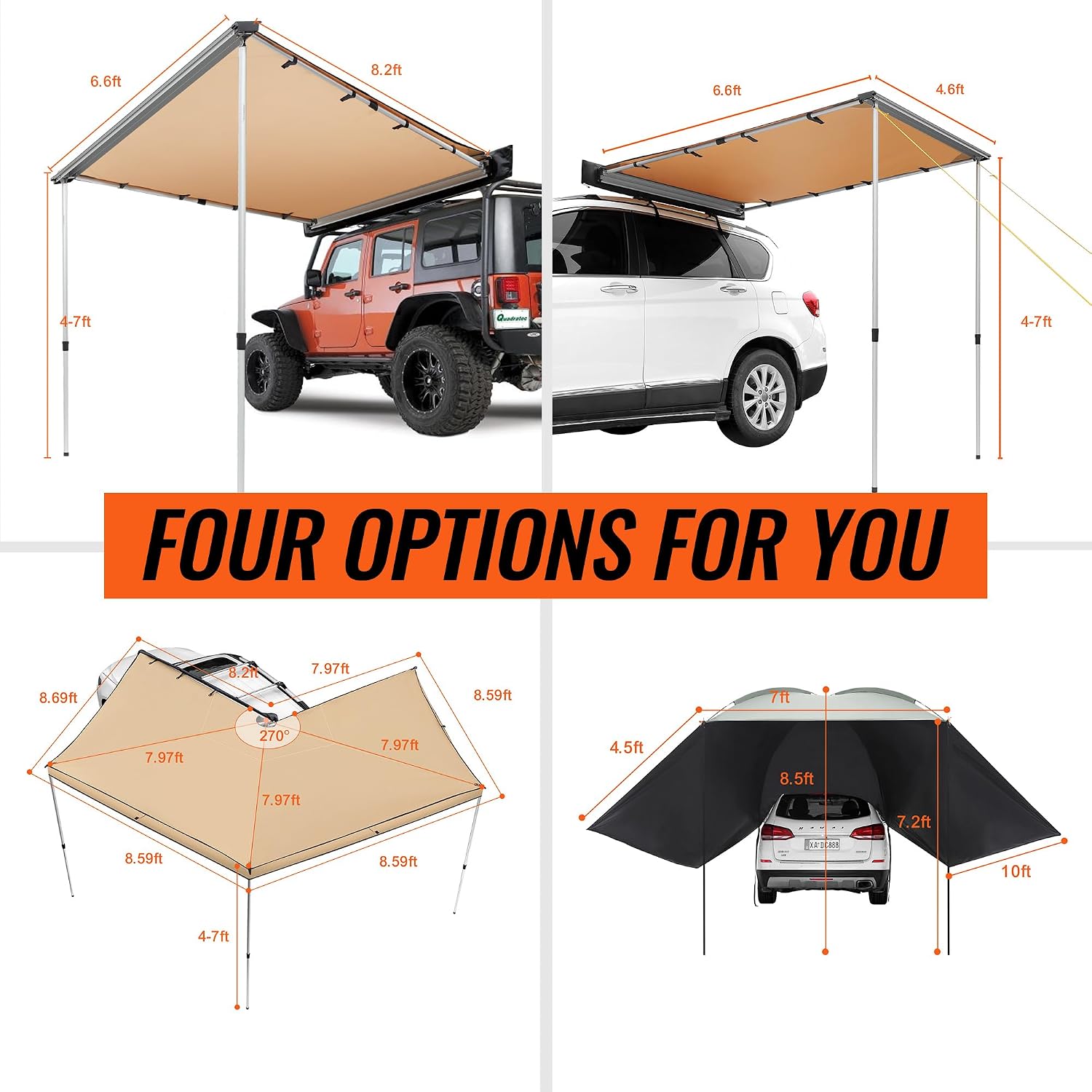 VEVOR 270 Degree Awning, 115 sq.ft Driver Side Vehicle Awning, UV50+ Waterproof Car Side Awnings with Carry Bag, All-Weather Overland Awnings Car Shelter for SUV Van Truck Camping
