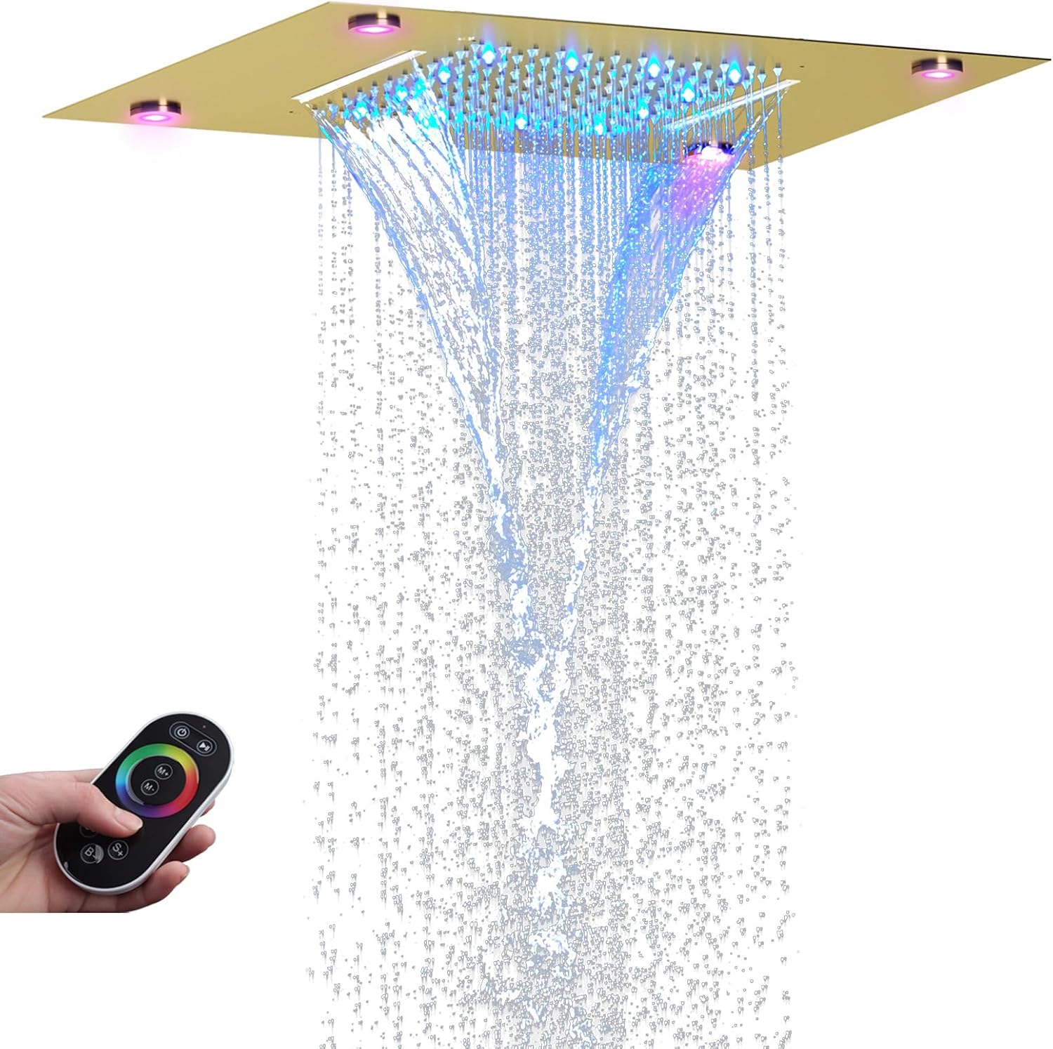 Brushed Gold LED Ceiling Rain Shower Head 14X20 Inch Bathroom Rectangle Embedded Type With Smart LED Lights Control (Waterfall And Rain Shower Head)