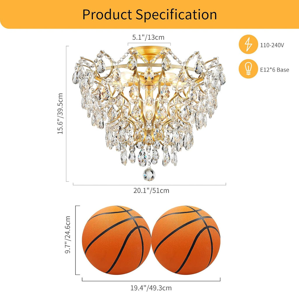 WUZUPS 6-Light Crystal Chandelier Ceiling Light Modern Lighting Fixture for Bedroom Hallway Bar Kitchen Bathroom, H 15.6' W 20.1', E12 Base, Gold