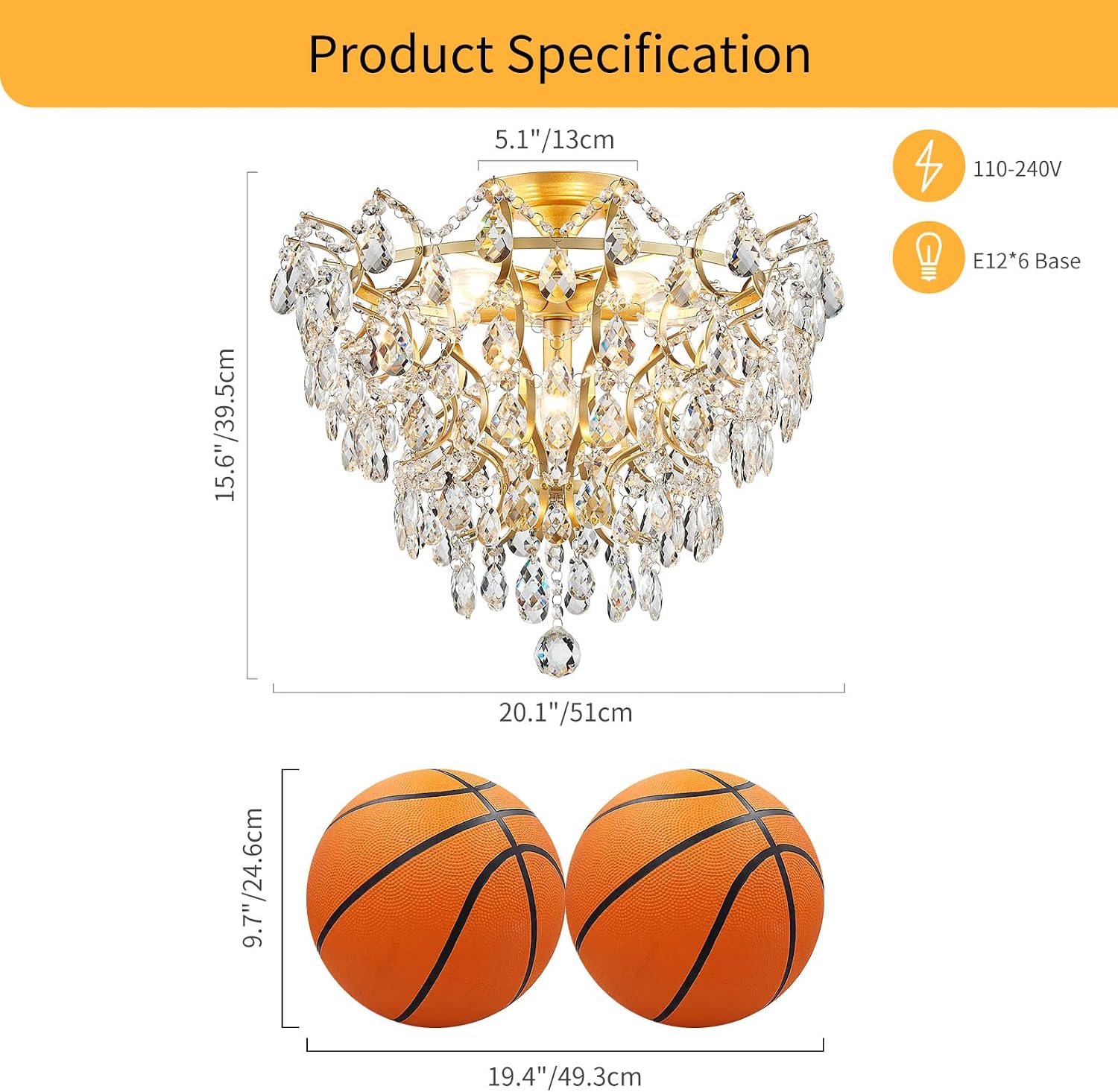 WUZUPS 6-Light Crystal Chandelier Ceiling Light Modern Lighting Fixture for Bedroom Hallway Bar Kitchen Bathroom, H 15.6' W 20.1', E12 Base, Gold