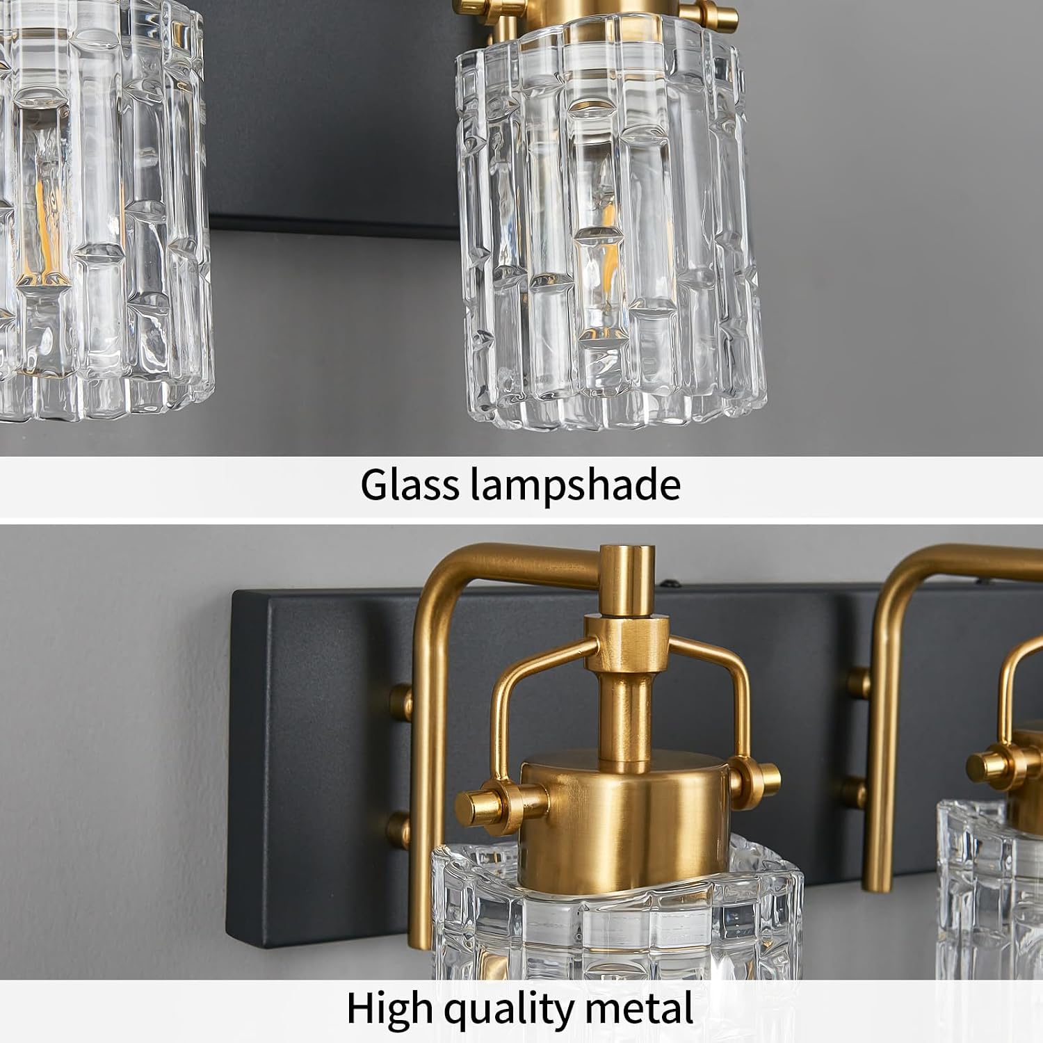 4 Light Crystal Glass Vanity Light, Black Gold Bathroom Lighting Fixtures Over Mirror Modern Bath Wall Sconce Lighting for Bedroom Living Room