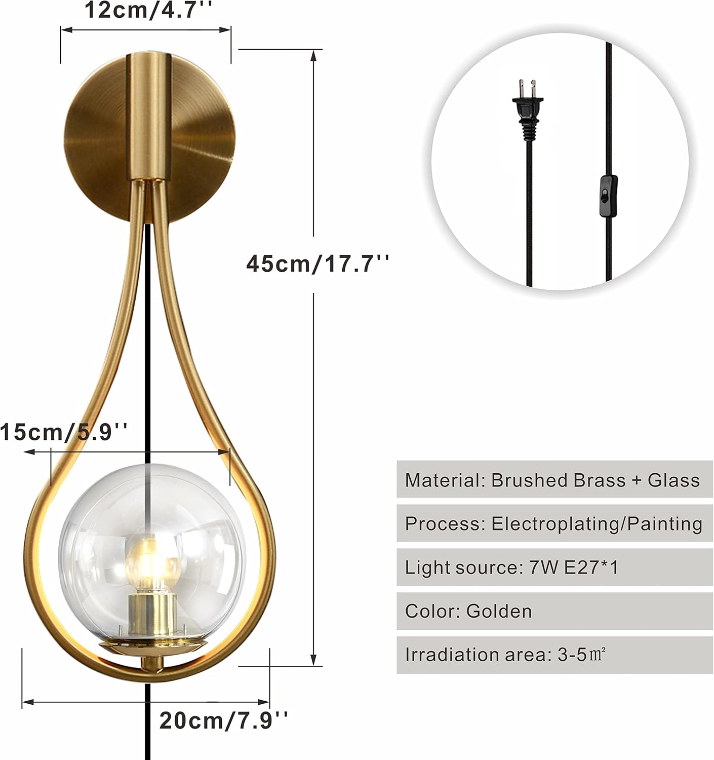 BOKT Set of 2 Plug in Modern Gold Wall Sconces Mid Century Clear Globe Wall Lamps Simple Creative Living Room Wall Light Fixtures for Bedroom, Corridor, Mirror Front