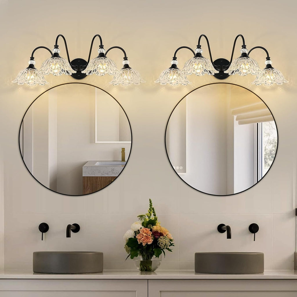 4-Light Matte Black Bathroom Vanity Light, Farmhouse Vanity Light with Floral Clear Glass Shades, Vintage Wall Mount Lighting for Bathroom