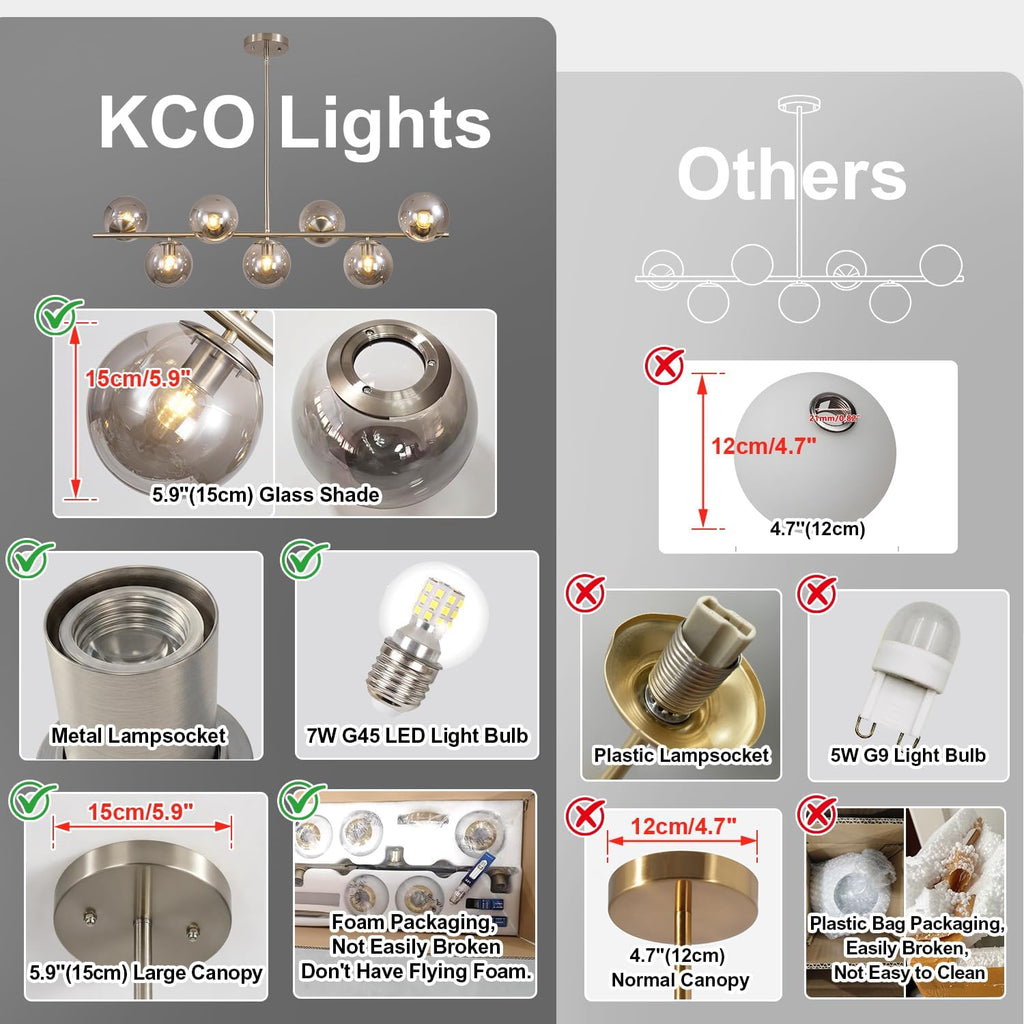 KCO Lighting MCM Brushed Nickel Linear Sputnik Chandeliers for Dining Room | 31.5' Rod for Sloped Ceiling, 7W 3000K E26 Bulb Included, Smoke Gray Glass Globe Pendant Light for Kitchen Island Living Room