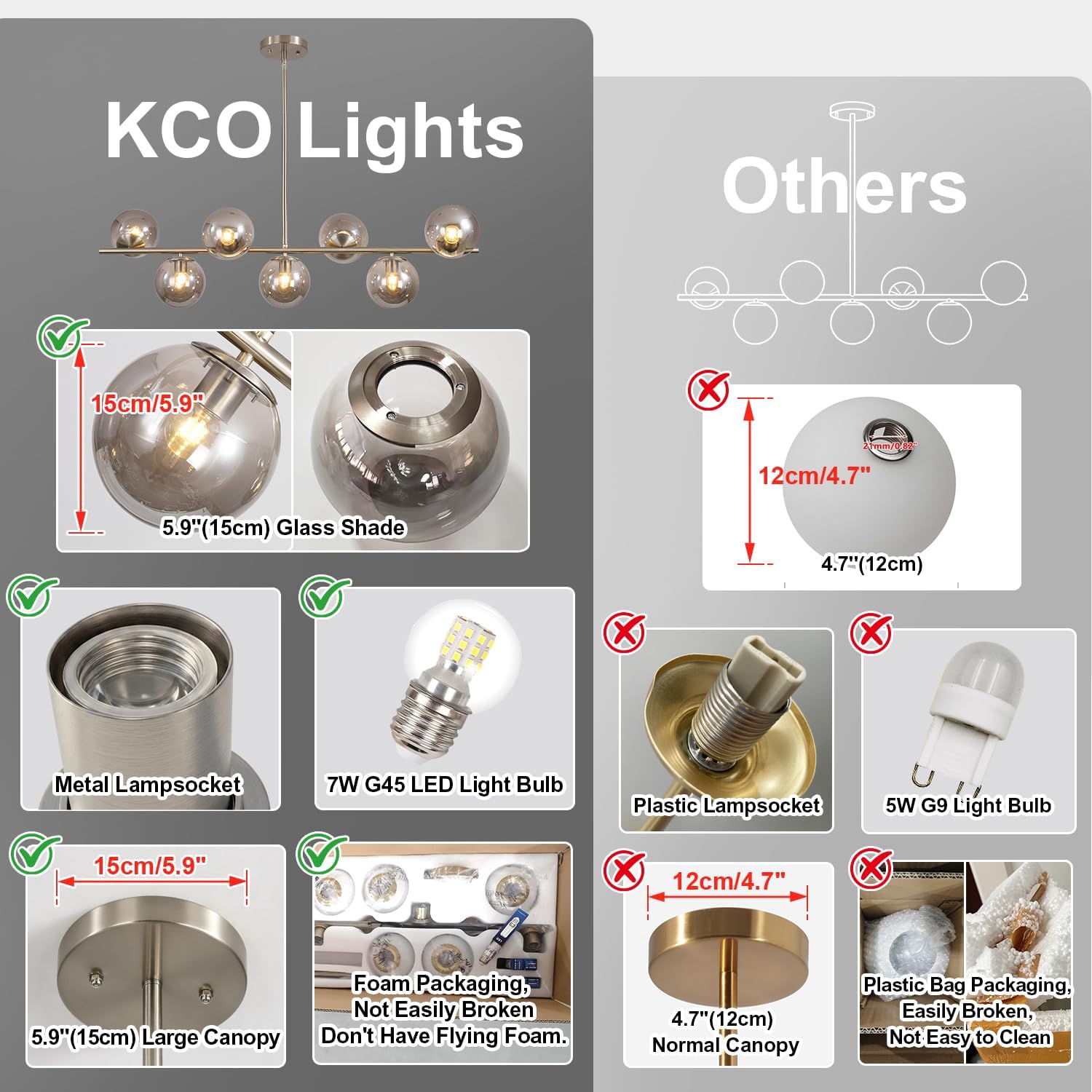 KCO Lighting MCM Brushed Nickel Linear Sputnik Chandeliers for Dining Room | 31.5' Rod for Sloped Ceiling, 7W 3000K E26 Bulb Included, Smoke Gray Glass Globe Pendant Light for Kitchen Island Living Room
