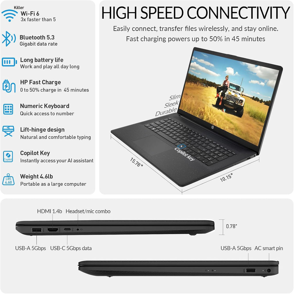HP 17 Laptop Computer Notebook, 17.3' FHD IPS Large Screen Laptop PC, Intel 10-Core i5, Windows 11 Pro | Lifetime Office |10-Key Number Pad | 32GB RAM 1TB SSD