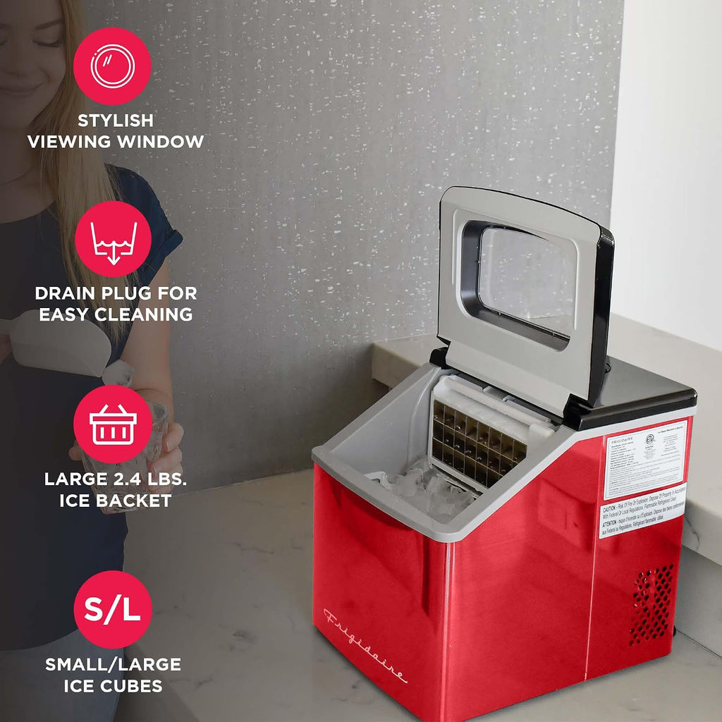 Frigidaire EFIC452-SSRED XL Maker, Makes 40 Lbs. of Clear Square Ice Cubes A Day, Stainless, Red Steel