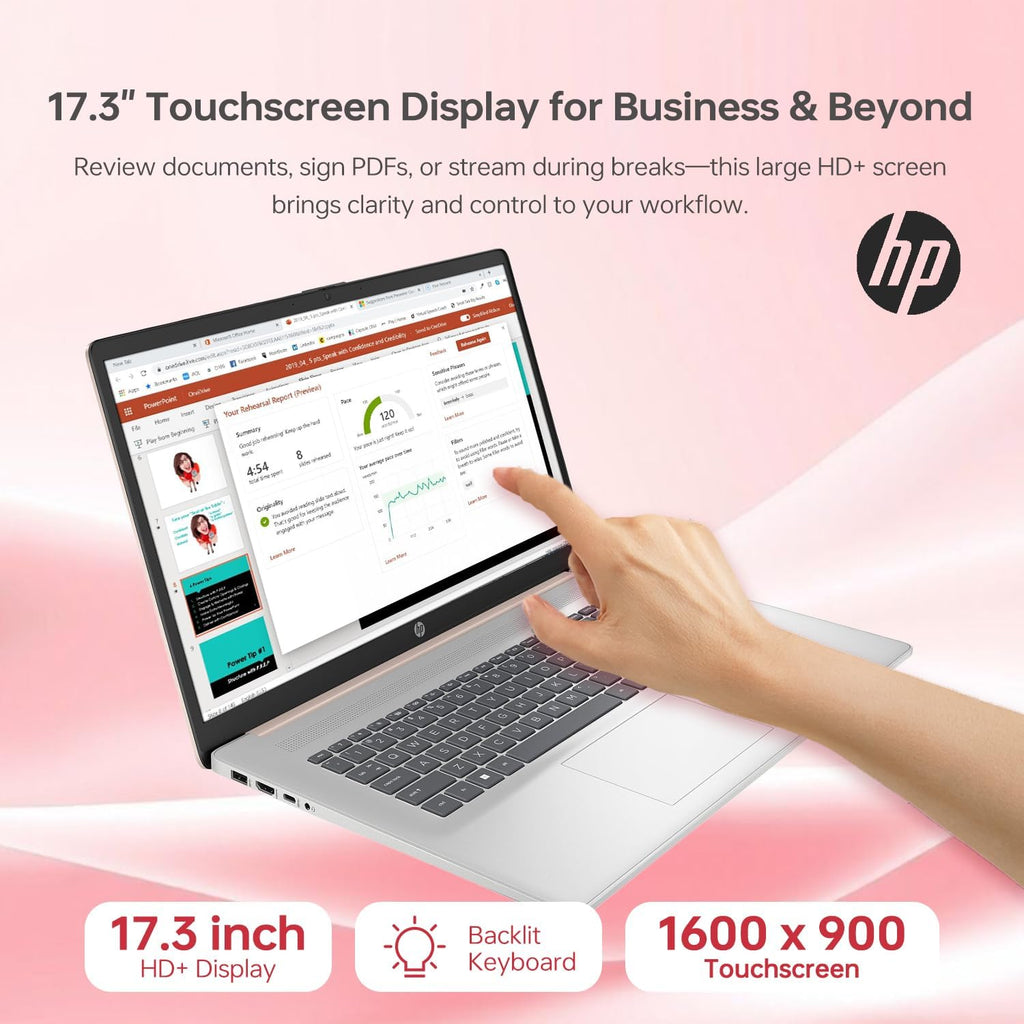 HP 17.3' Touchscreen Laptop, Intel Core i7-1355U, Pale Rose Gold, 64GB RAM, 2TB SSD, Webcam, Backlit Keyboard, Fingerprint Reader, Wi-Fi 6, Windows 11 Home, Bundle with PCO Laptop Cooler