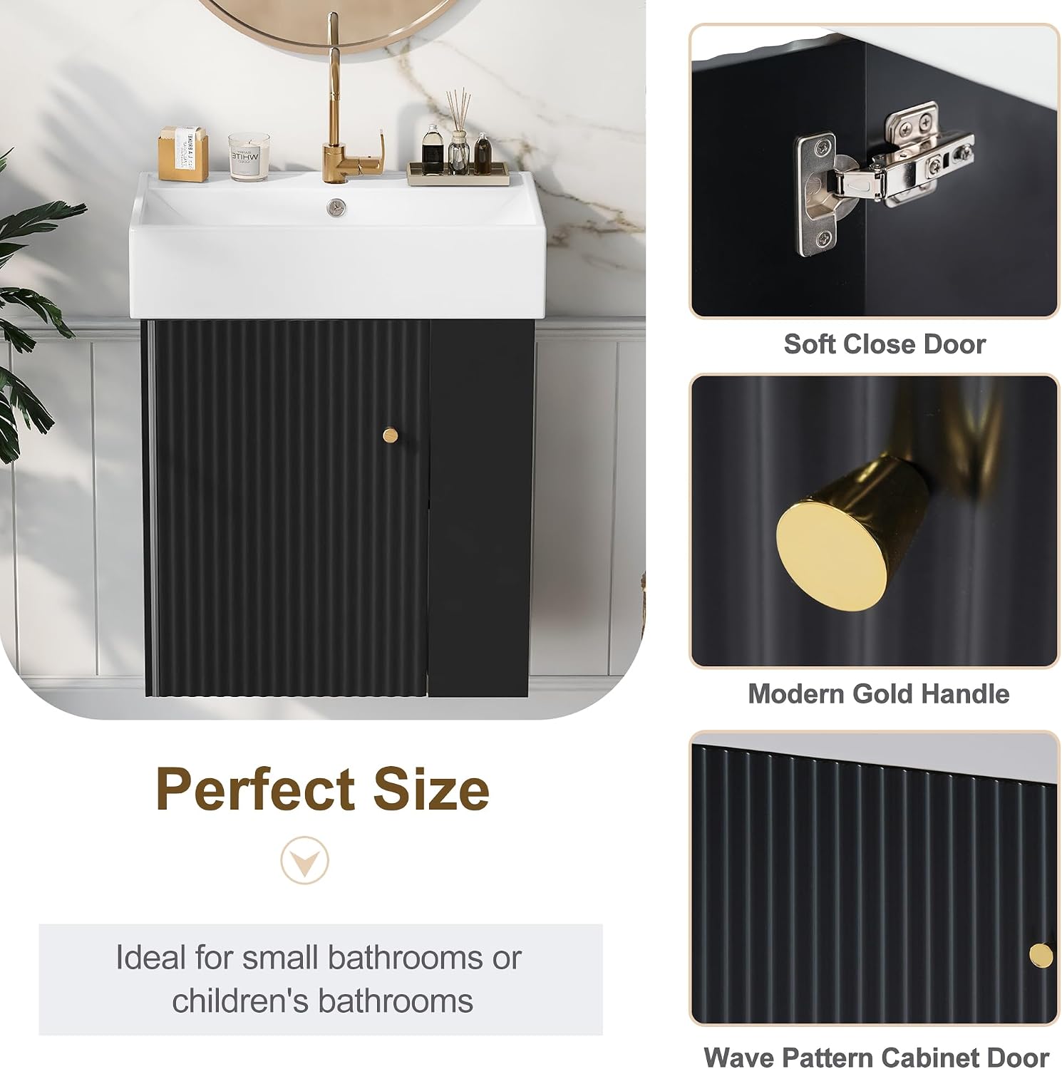 21.6-inch Bathroom Vanity with Sink, Wall-Mounted Bath Vanity Cabinet with Storage Cabinet & Right Two-Tier Shelf, Solid Wood Organizer with Ceramic Sink for Bathroom, Black