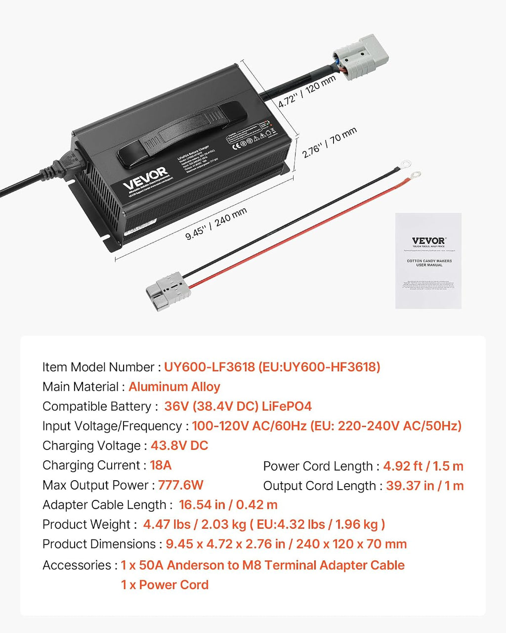 VEVOR 36V 18A Lithium Battery Charger, 43.8V, AC-DC LiFePO4 Smart Charger, with Anderson Connector, LED Indicator, 0V Activation, for Lithium LiFePO4 Deep Cycle Rechargeable Batteries of Boat, RV