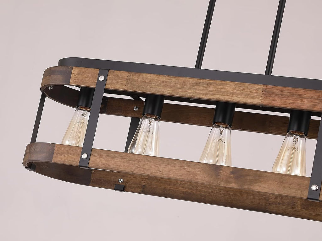 Rustic Farmhouse Wood Kitchen Island Lighting, 5 Lights Rectangular Pendant Light Fixture, Adjustable Rods Oak Wood and Metal Linear Chandelier for Kitchen Island Farmhouse Dining Room, Black