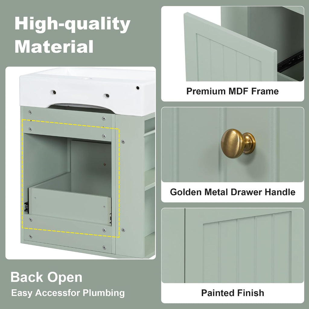20-inch Bathroom Vanity with Sink Combo, Wall-Mounted Single Storage Cabinet with One Drawer& Left 2-Tier Storage Shelves, Wooden Vanity with Ceramic Basin for Bathroom, Green