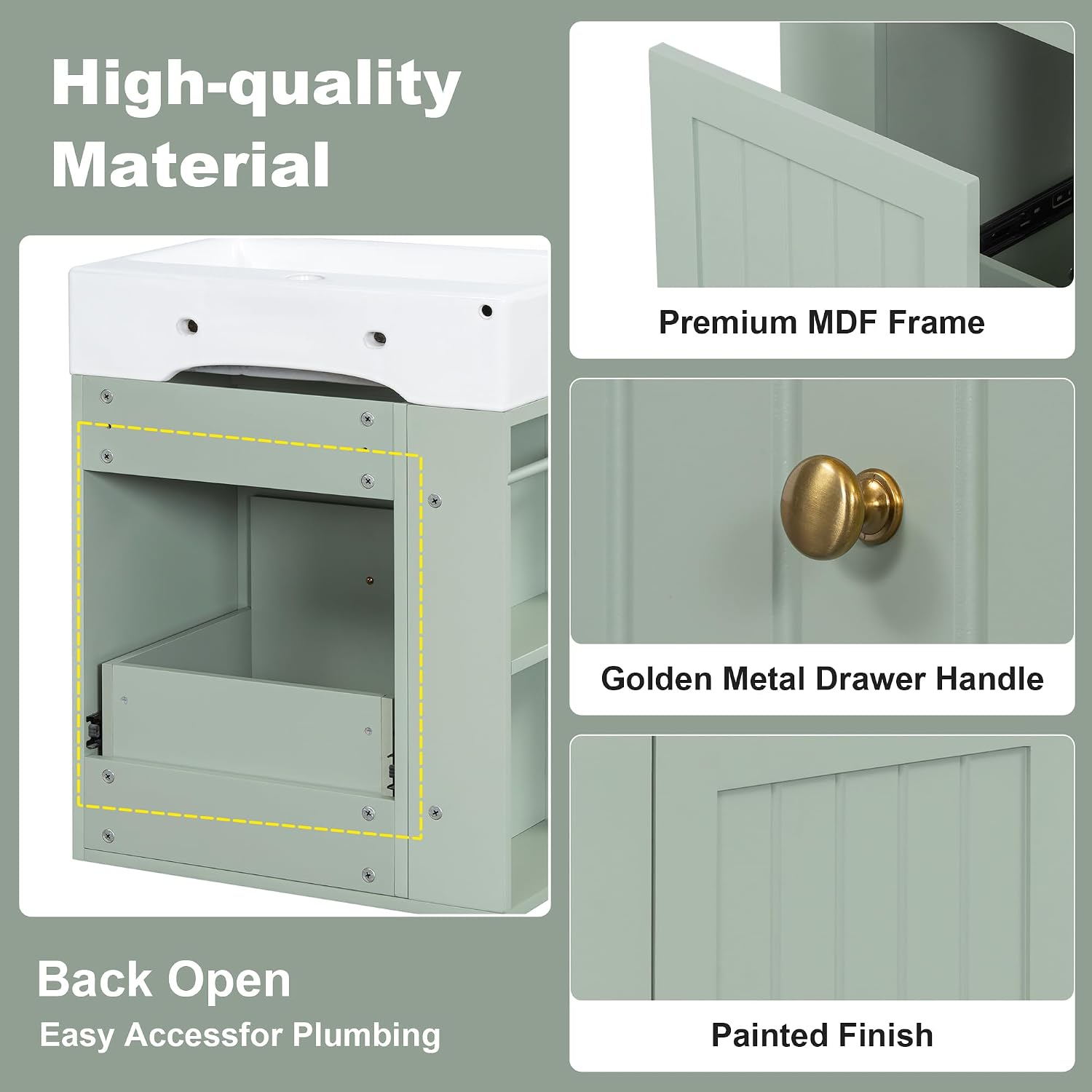 20-inch Bathroom Vanity with Sink Combo, Wall-Mounted Single Storage Cabinet with One Drawer& Left 2-Tier Storage Shelves, Wooden Vanity with Ceramic Basin for Bathroom, Green
