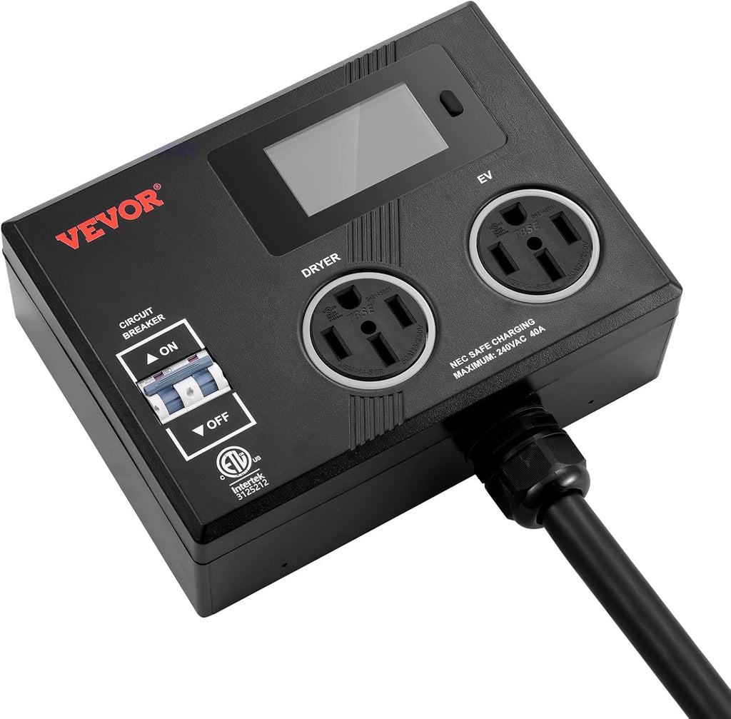 VEVOR NEMA Splitter for Dryer and EV, 3-Color LED Indicator, 240V Smart Power Distribution, with NEMA 14-50 Plug, Two NEMA 14-50 Outlets, 3.4 in LCD Screen, Max 40A Dryer EV, Tested to ETL Standard