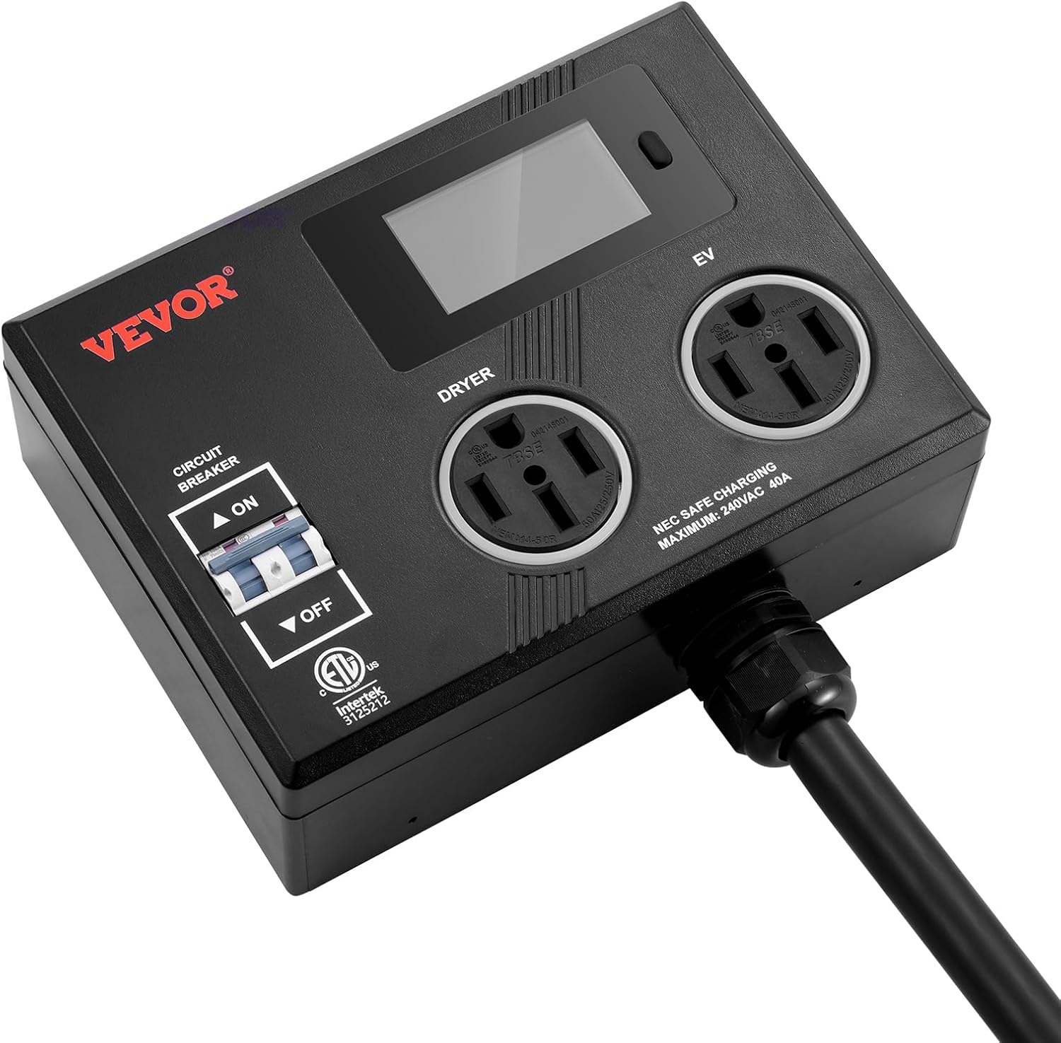 VEVOR NEMA Splitter for Dryer and EV, 3-Color LED Indicator, 240V Smart Power Distribution, with NEMA 14-50 Plug, Two NEMA 14-50 Outlets, 3.4 in LCD Screen, Max 40A Dryer EV, Tested to ETL Standard