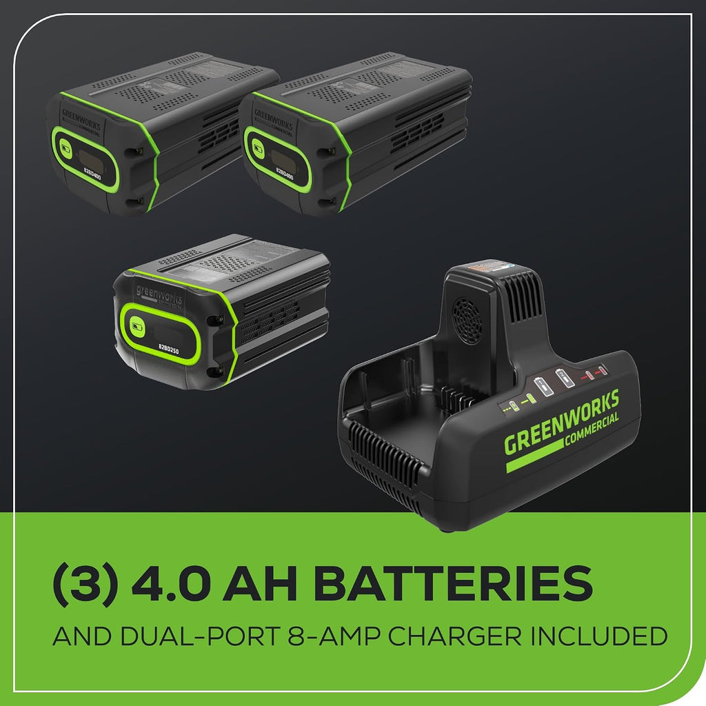 Greenworks 82V Bundle - 25' Brushless (Self-Propelled) Cordless Lawn Mower, (2) 4.0Ah Batteries and Dual Port Rapid Charger + Bonus 4.0Ah Battery (Bonus Battery)