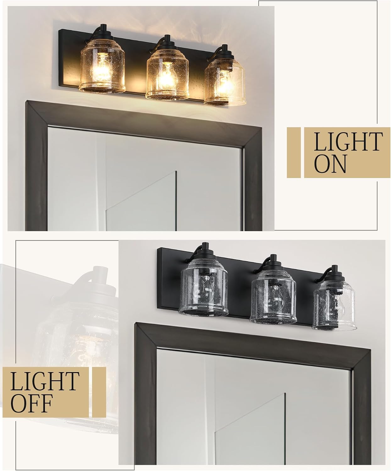 3-Light Bathroom Vanity Light Large 23', Farmhouse Rustic Vanity Lights for Bathroom, Black Bathroom Light Fixtures Over Mirror with Bubble Glass Shades, Metal Wall Sconce Home Decor
