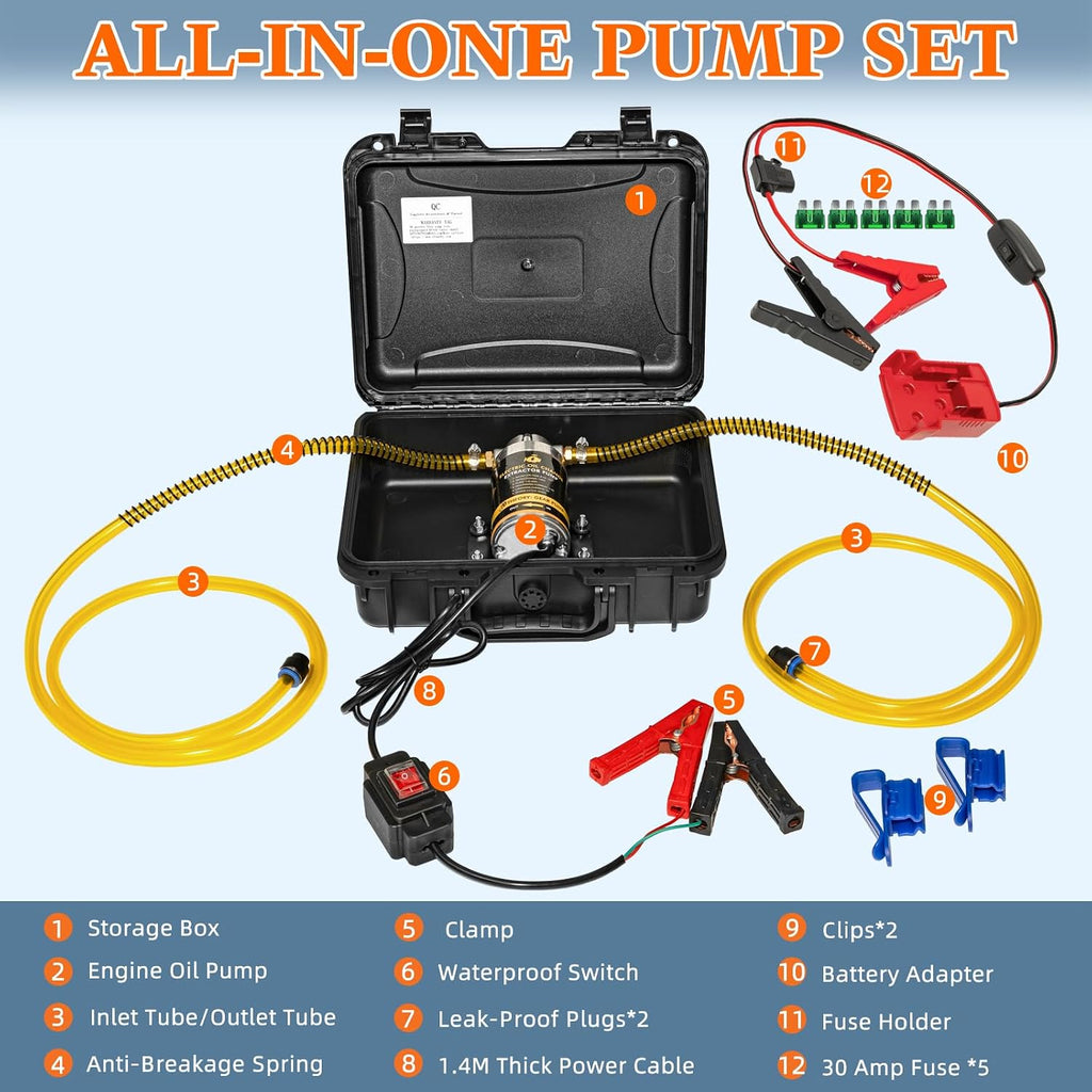 12V/24V 100W Oil Change Pump Set, Fast 1-4L/min Flow Oil Transfer Pump with Red Battery Adapter Compatible with Milwaukee M18 18V Battery, Fluid Transfer for Trucks, Boats, Lawnmowers