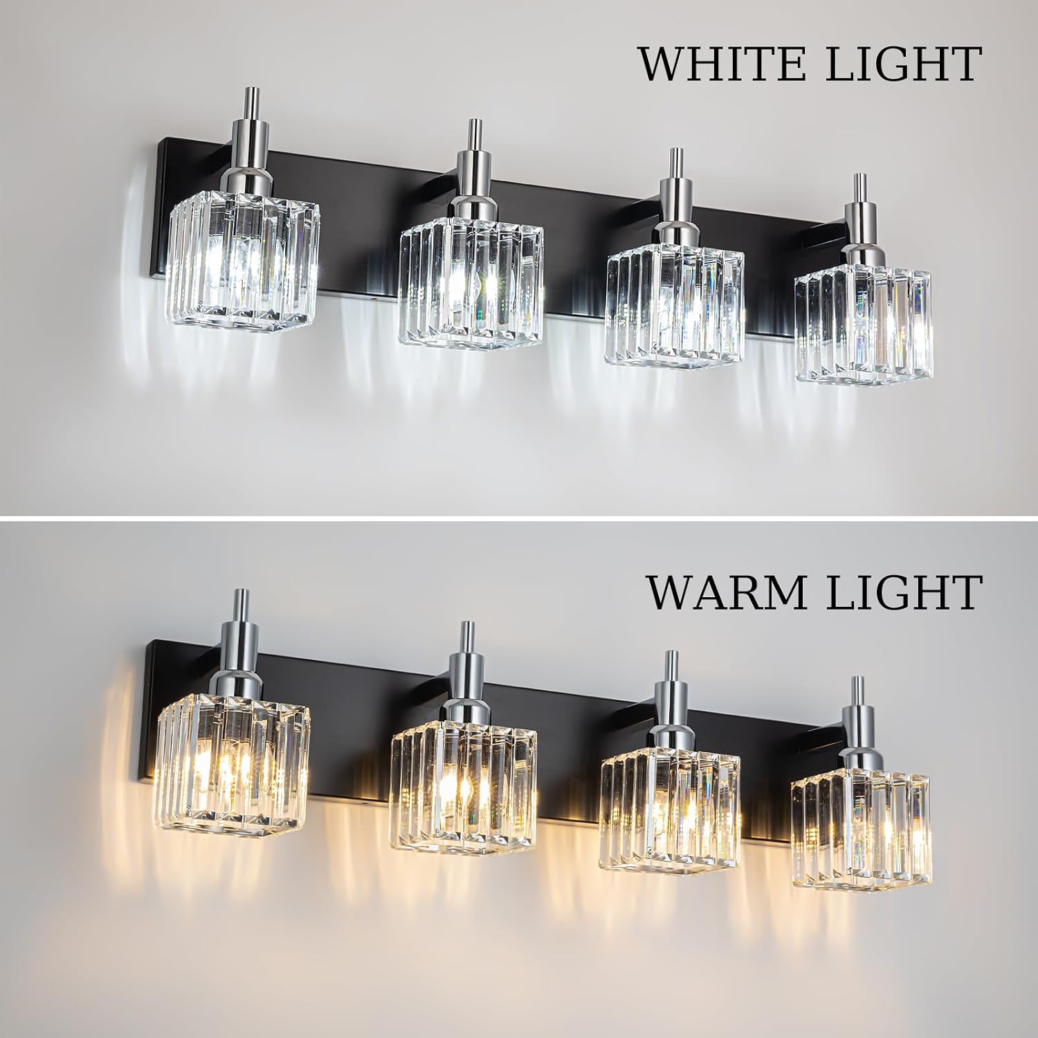 Black Chrome Bathroom Vanity Lights, Modern 4 Lights Crystal Bathroom Lighting Fixtures Over Mirror Crystal Wall Light with Square Shade