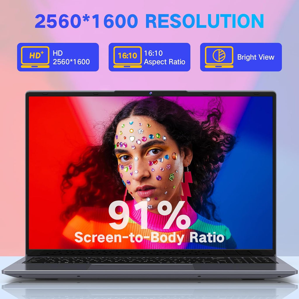 DERE Laptop,16 inch Laptop Comupter,Win11 | 16GB RAM 512GB SSD | Celeron N5805 | 2.5K QHD IPS Display|Fingerprint Unlock|Backlit Keyboard|WiFi 6|HDMI for Study,Business,Working,Sliver Gray